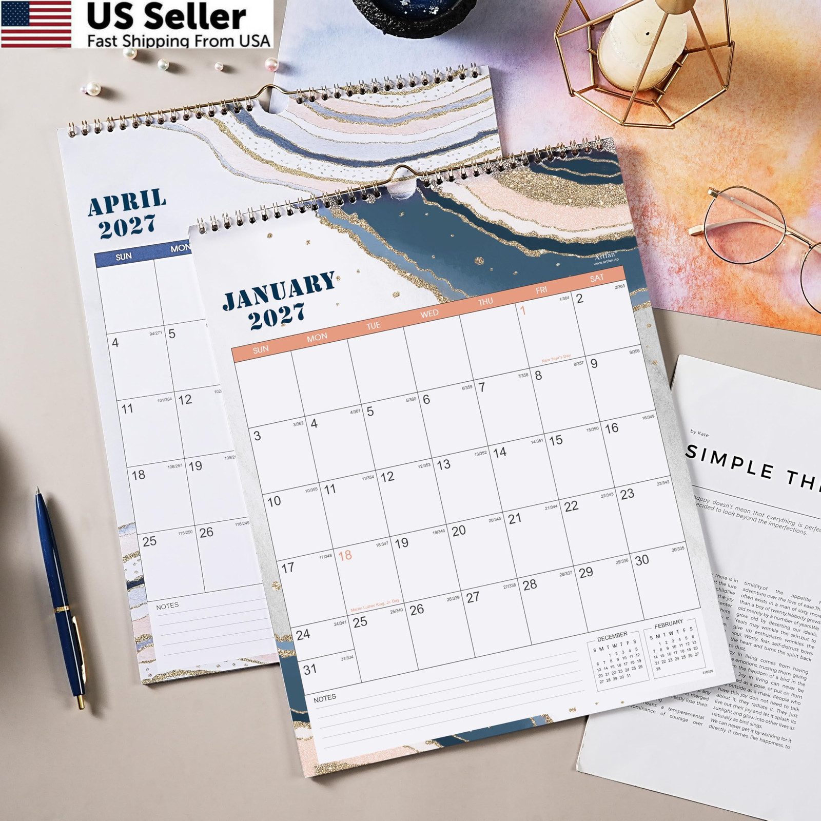 2027 Wall Calendar – JAN 2027 – DEC 2027, 12 Monthly Calendar, 2027 Pink