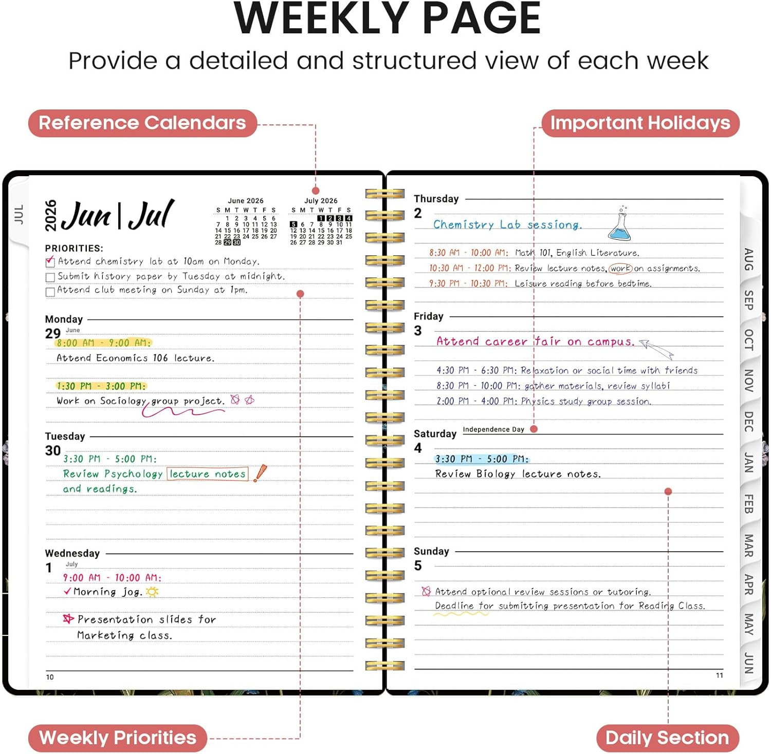 Planner 2026-2027, Academic Monthly and Weekly Calendar Planner for Women, July