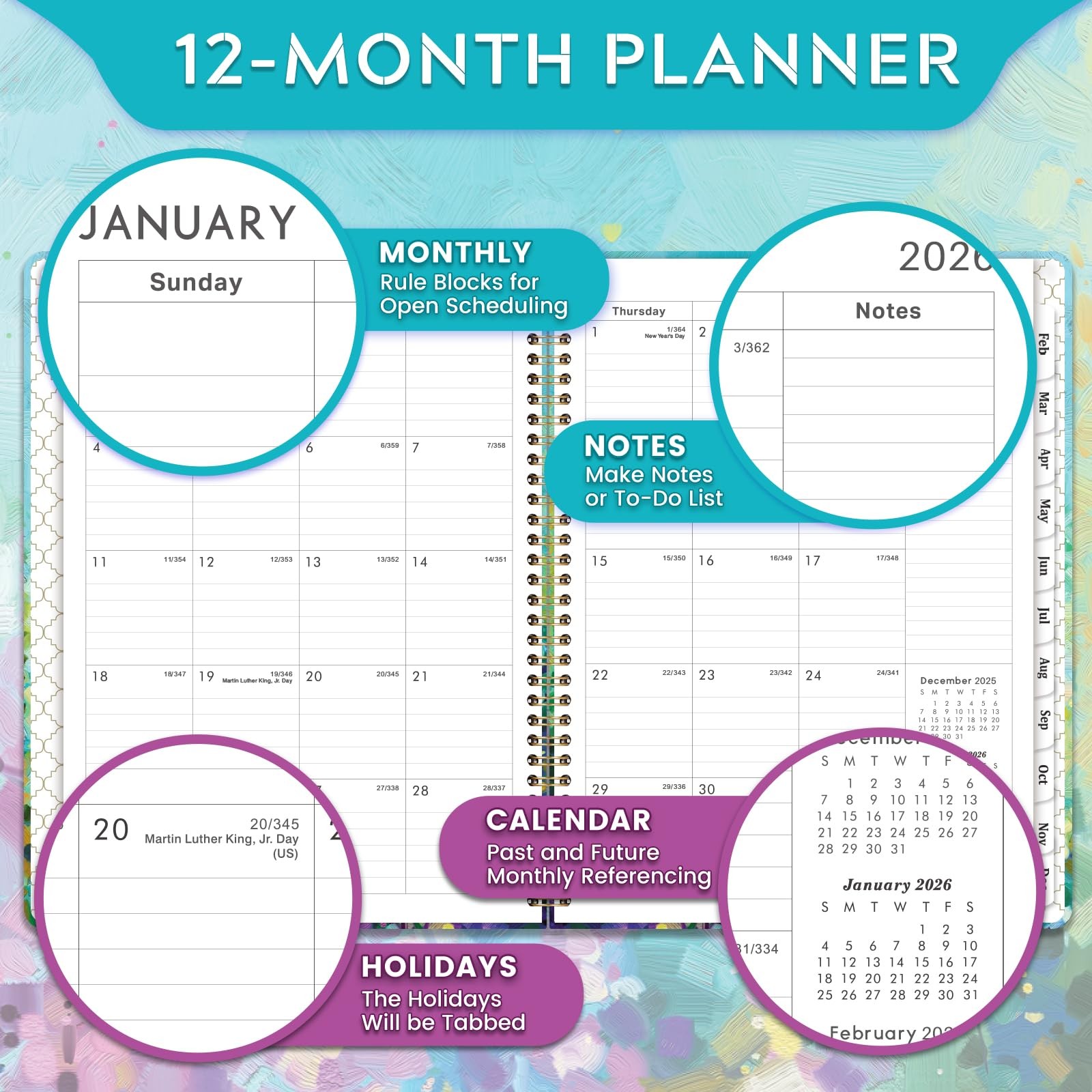 2026 Weekly Monthly Planner 9 x 11 Hardcover Tabs Elastic Closure Pocket for Pla