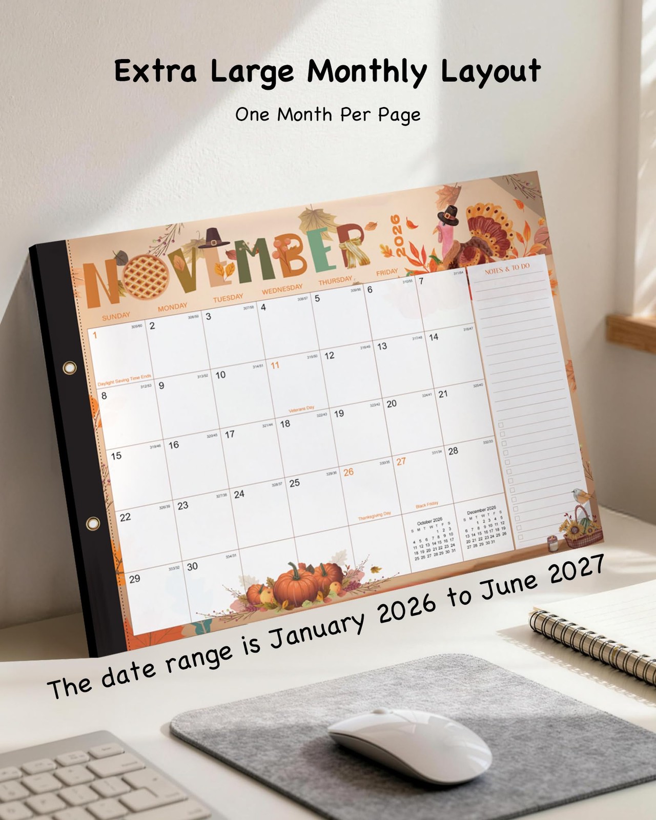 2026-2027 Large Desk Calendar with Waterproof Plastic Cover 2026 18-month