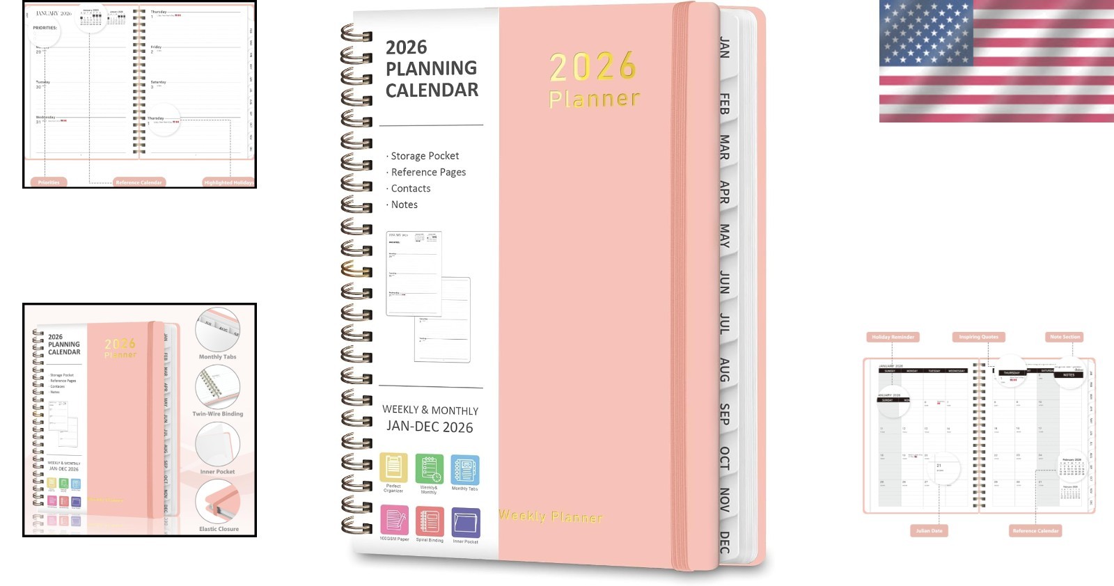 Weekly Monthly Calendar Planner 2026 A5 6.3 x 8.5 Pink with Elastic Closure