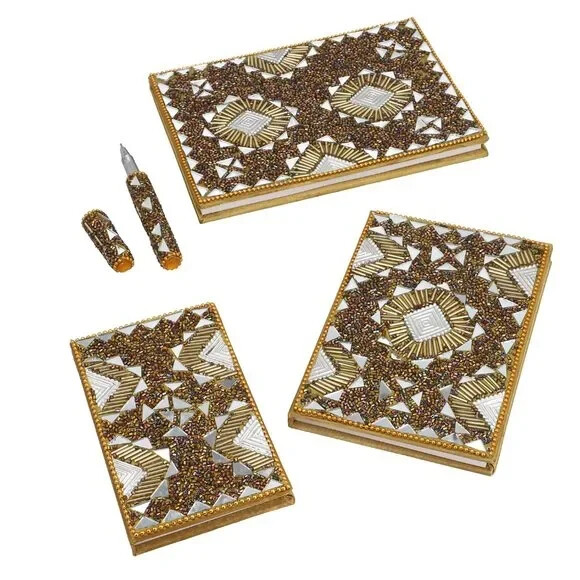 Set of 3 Brown Bedazzled Diary (7 x 5, 6 x 4, 3 x 5 in) and with Matching Pen