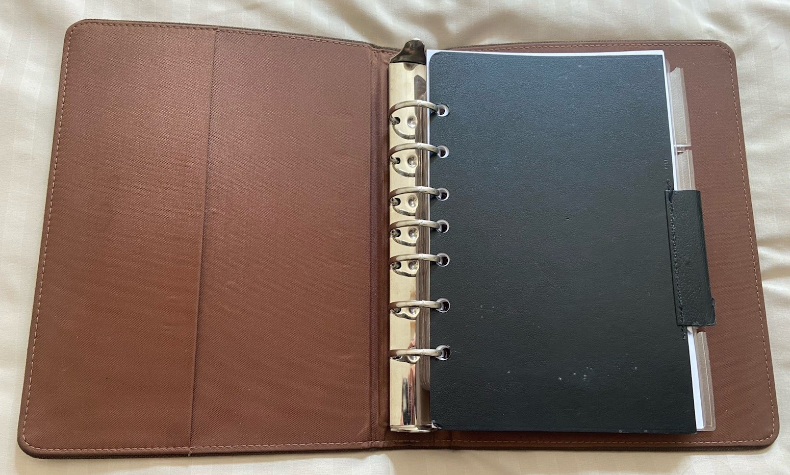 Vintage Brown Fabric Day Timer 7 Ring Classic Planner Binder Open Organizer