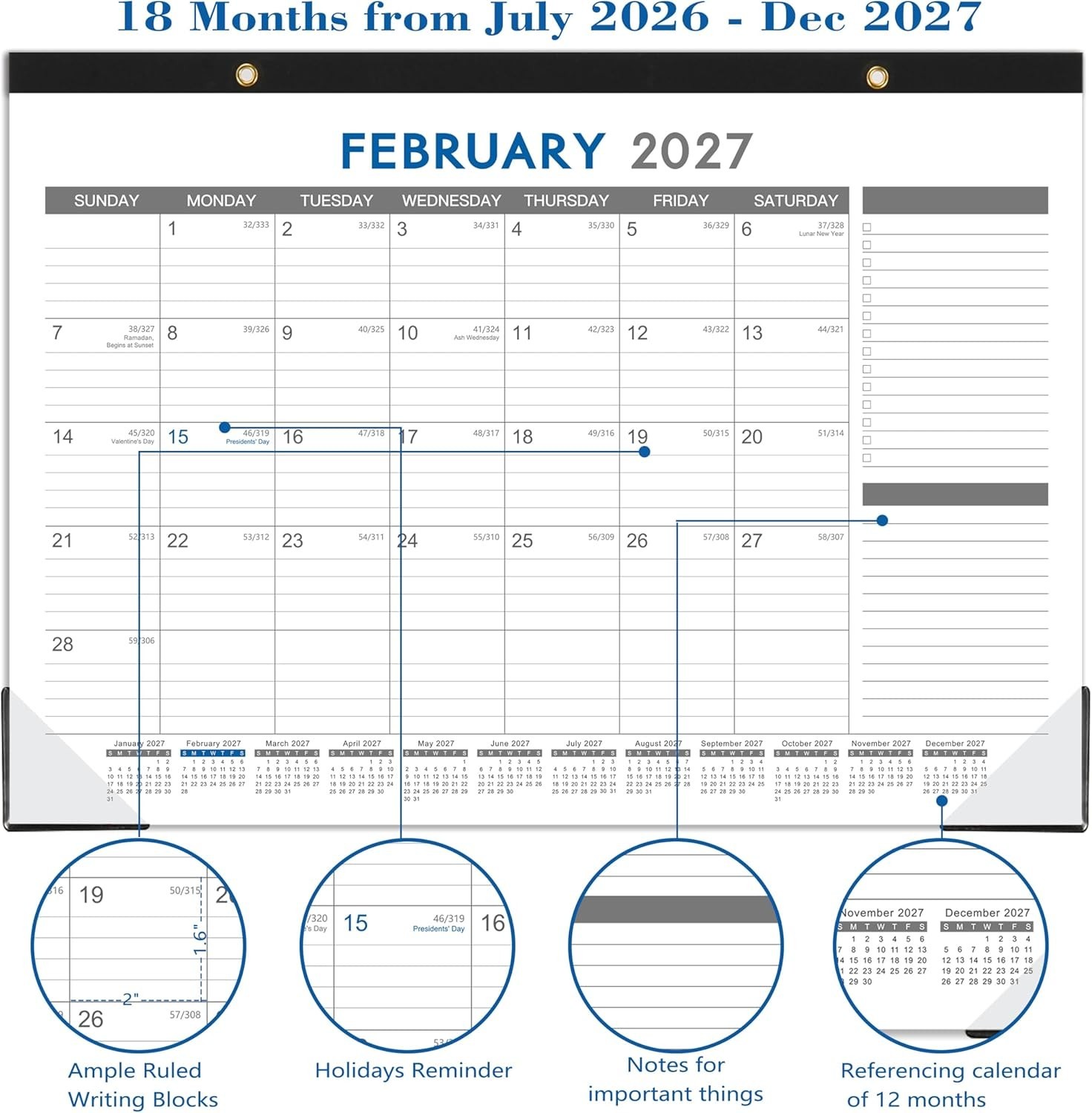 2026-2027 Desk Calendar – July 2026 – Dec 2027, 18 Months 17″ x 12″, black