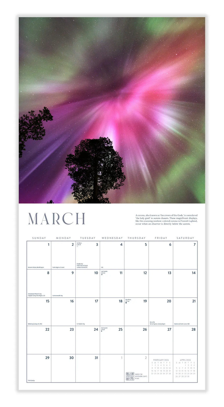 Northern Lights Calendar 2026 | 12″ x 24″ 12 Month Calendar | Marble City Press
