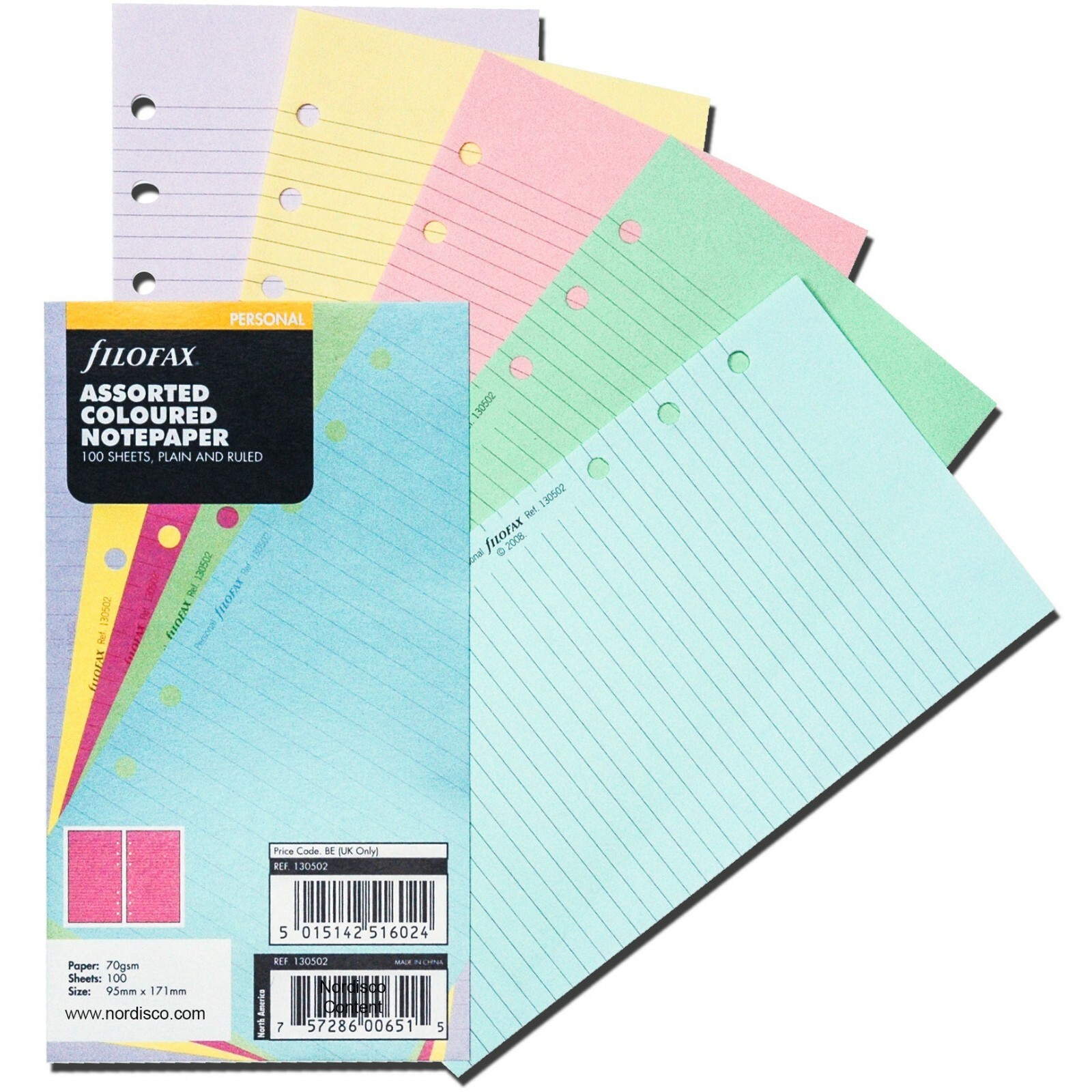 Filofax 130502 Assorted Color Notepaper, Personal Size, 100 Sheets Plain & Ruled
