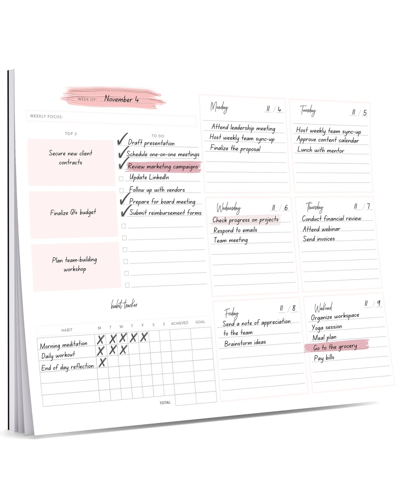 Lamare Weekly Planner Notepad – Premium Undated A4 size (8.3 x 11.7″), Pink