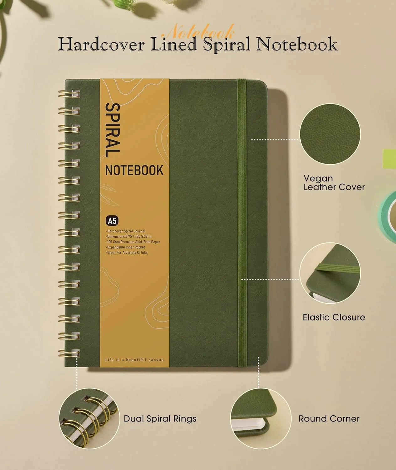 Graph Spiral Journal Notebook, A5 Hardcover Spiral Journals for Women Men, 100 G