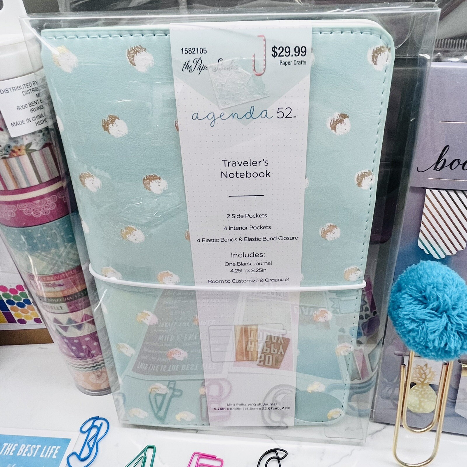 Agenda 52 Traveler Notebook Planner Mint, Washi, Stickers, paperclips, stamps