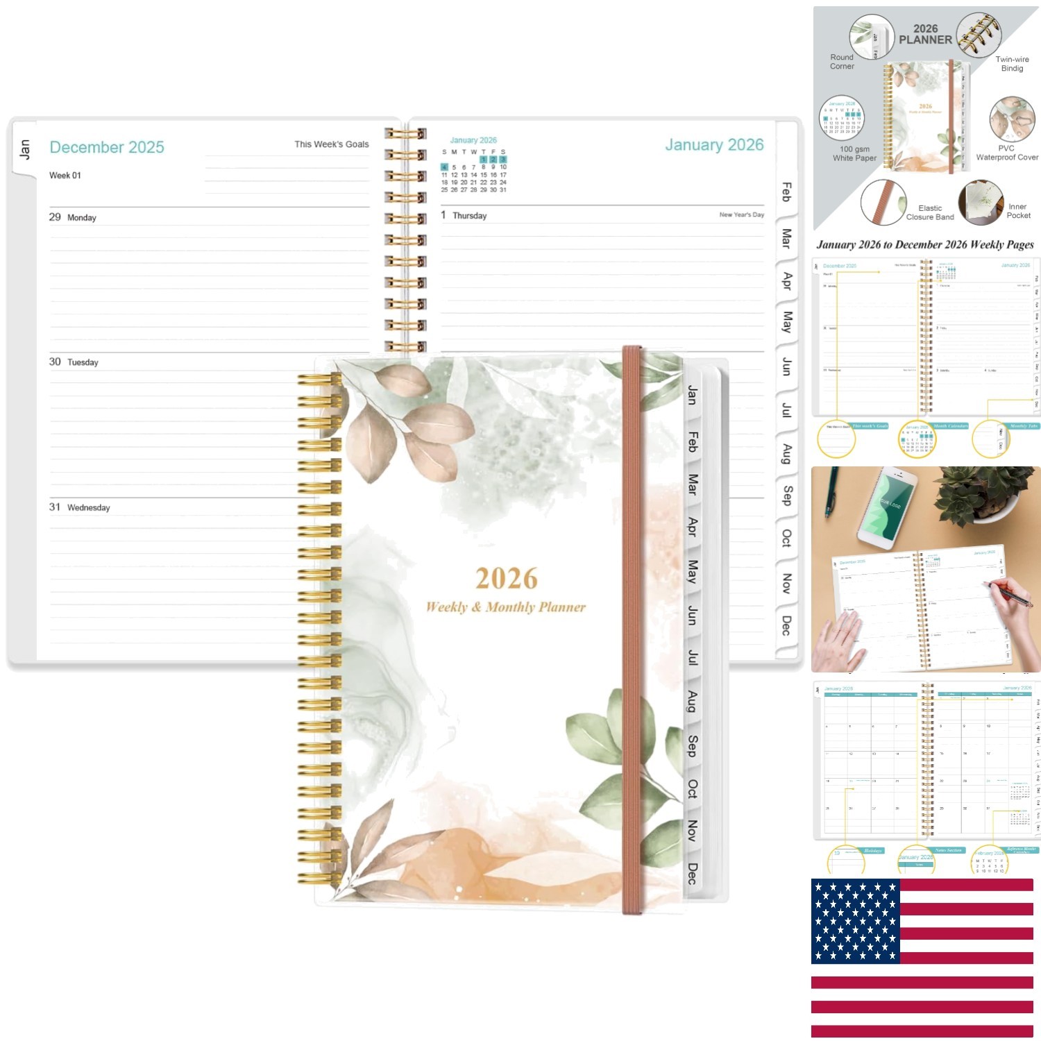Effortless Organization with 2026 A5 Weekly & Monthly Planner – Rose Leaf Color
