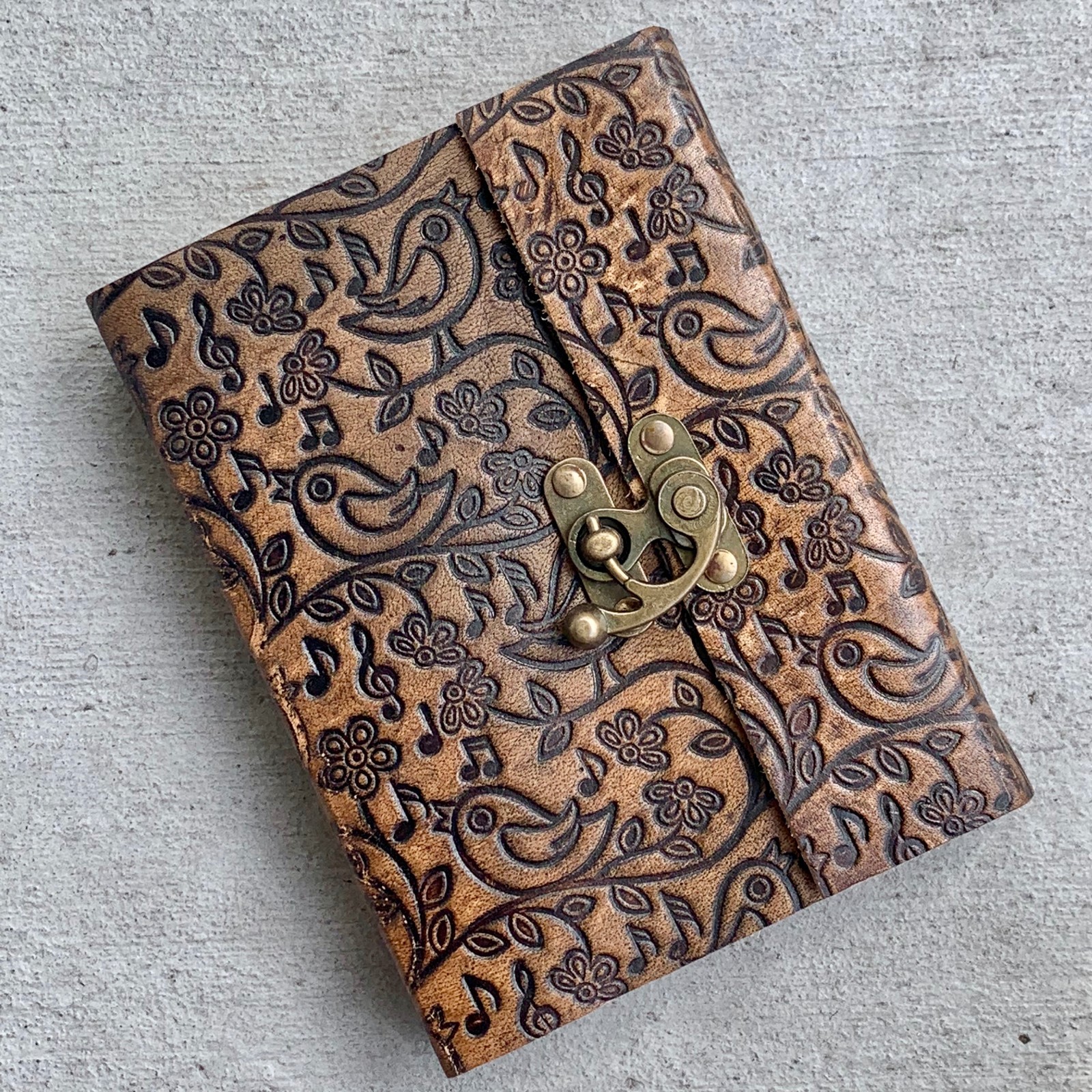 Handmade Brown Leather Journal Book lock rugged diary Embossed music notes bird