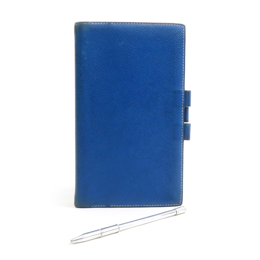 Auth HERMES Agenda/Note Cover and Ballpoint pen Set Blue/Yellow/Silver – e61866a