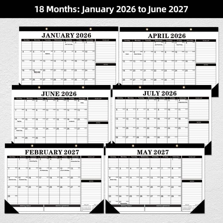 Tcamp 2026 Calendar, Desk Calendar 17″x12″(Jan 2026-Jun 2027), Black+White