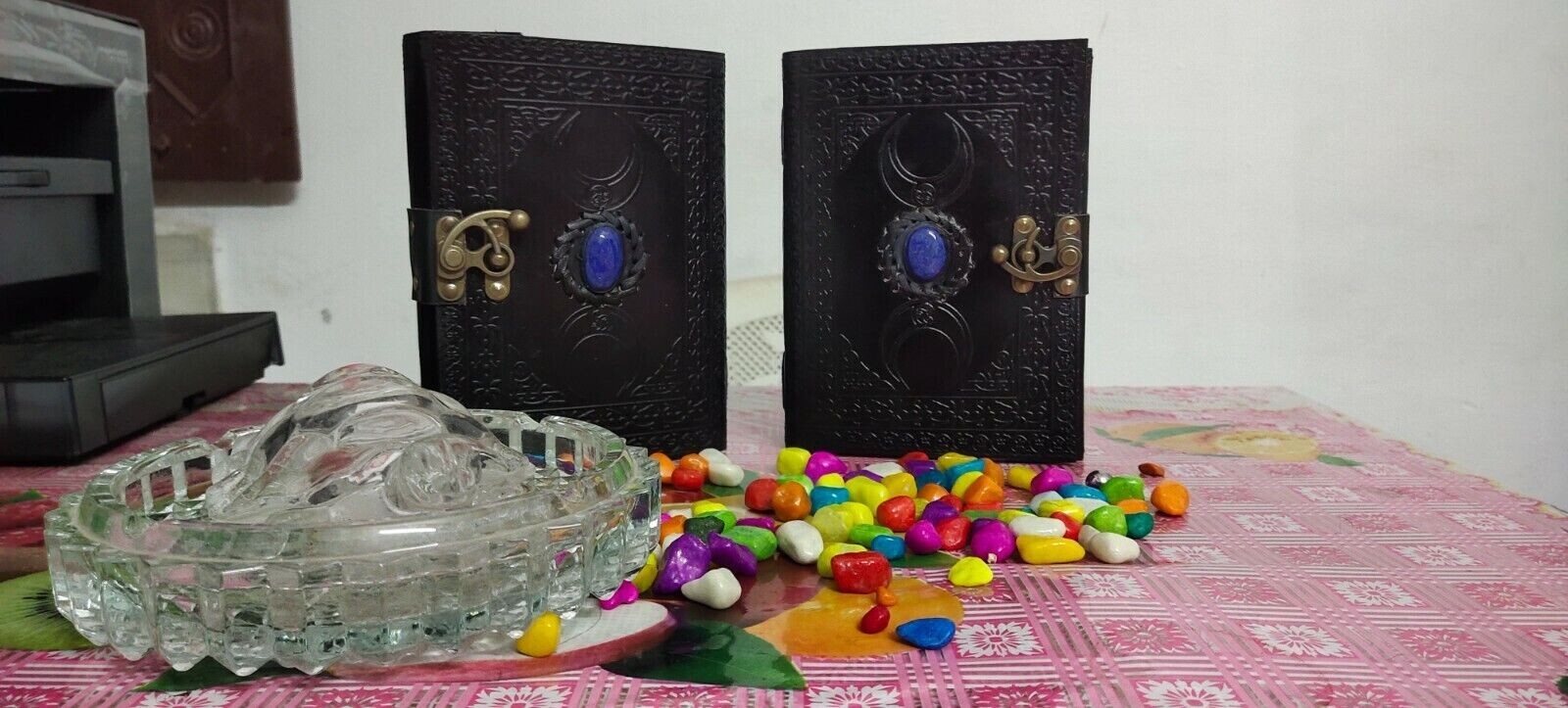 6 x 8 Leather Journal Notebook Pack 2 Black Triple Moon Deckle & blank Paper