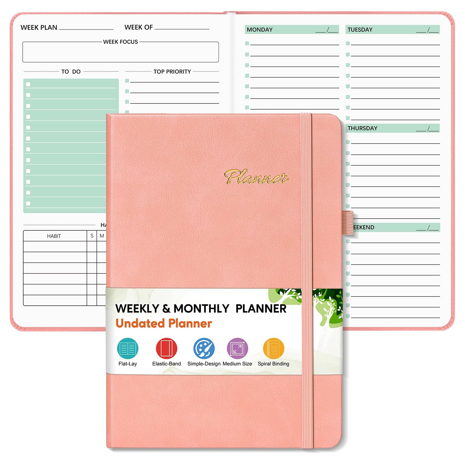 Undated Weekly and Monthly Planner, Hardcover Leather Calendar Blank Planner,…