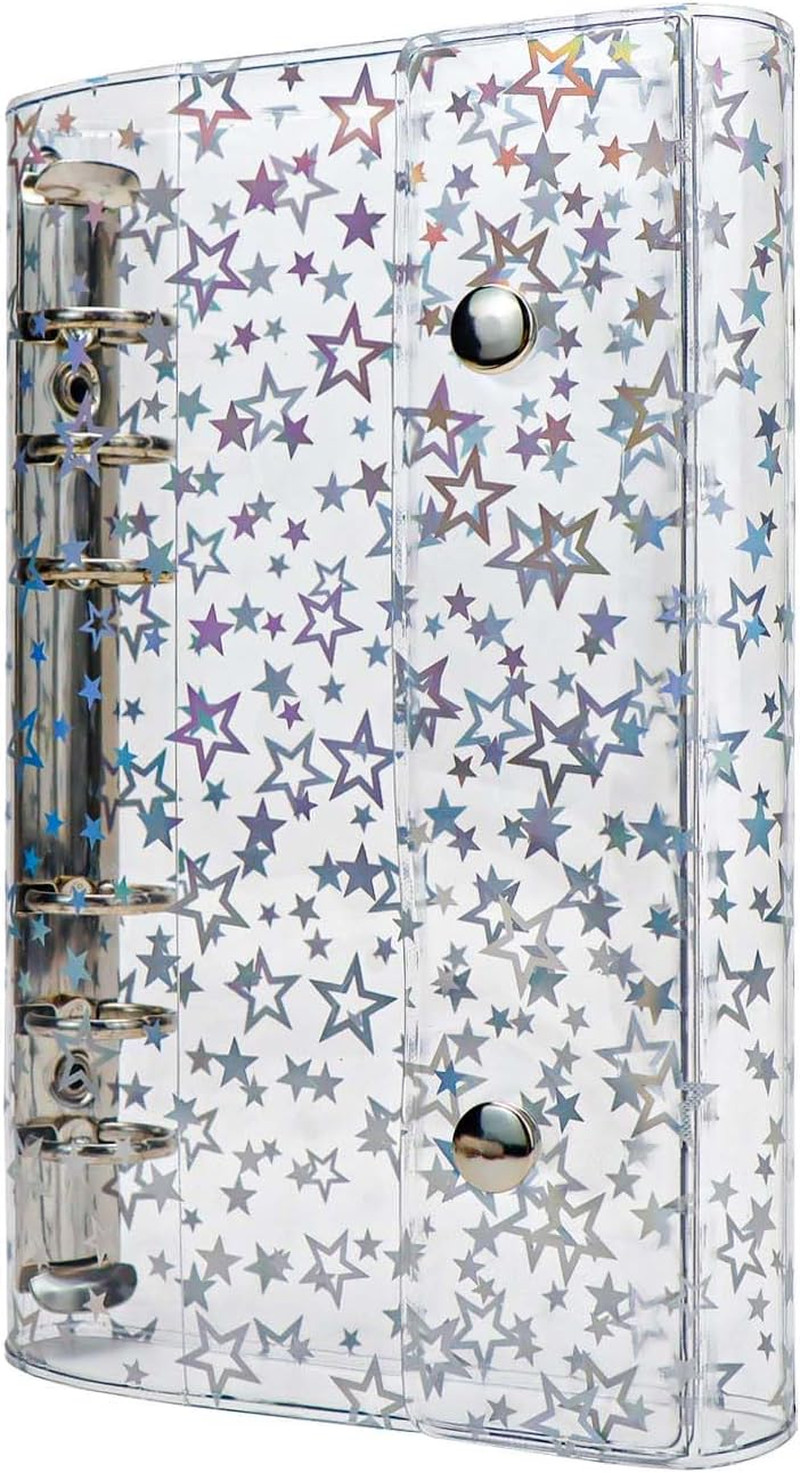A6 Budget Binder Cover Clear PVC 6 Ring Binder Glitter Star Refillable Notebo…