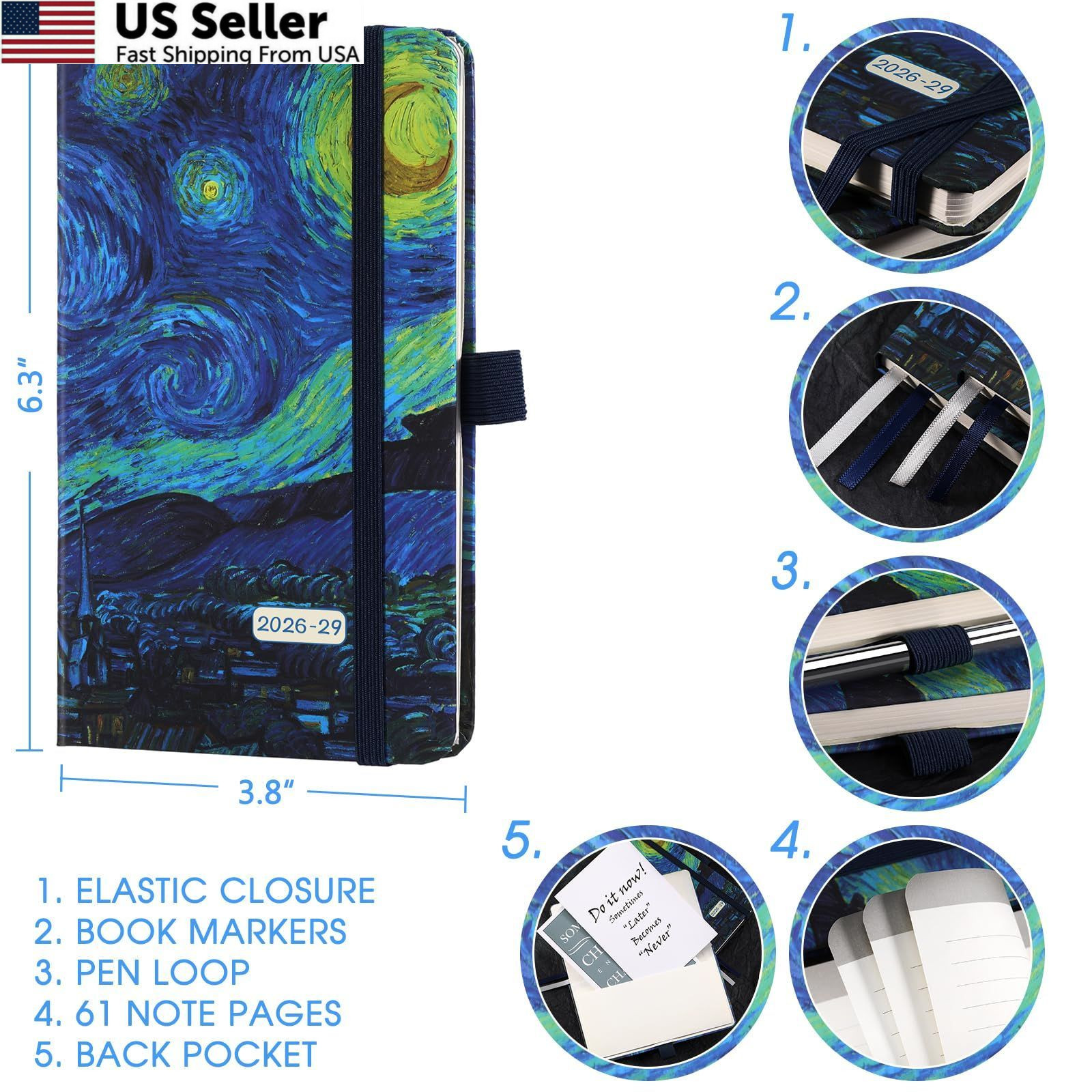 2026-2029 Pocket Planner/Calendar – 3 Year Monthly 3.8 x 6.3 inches, black