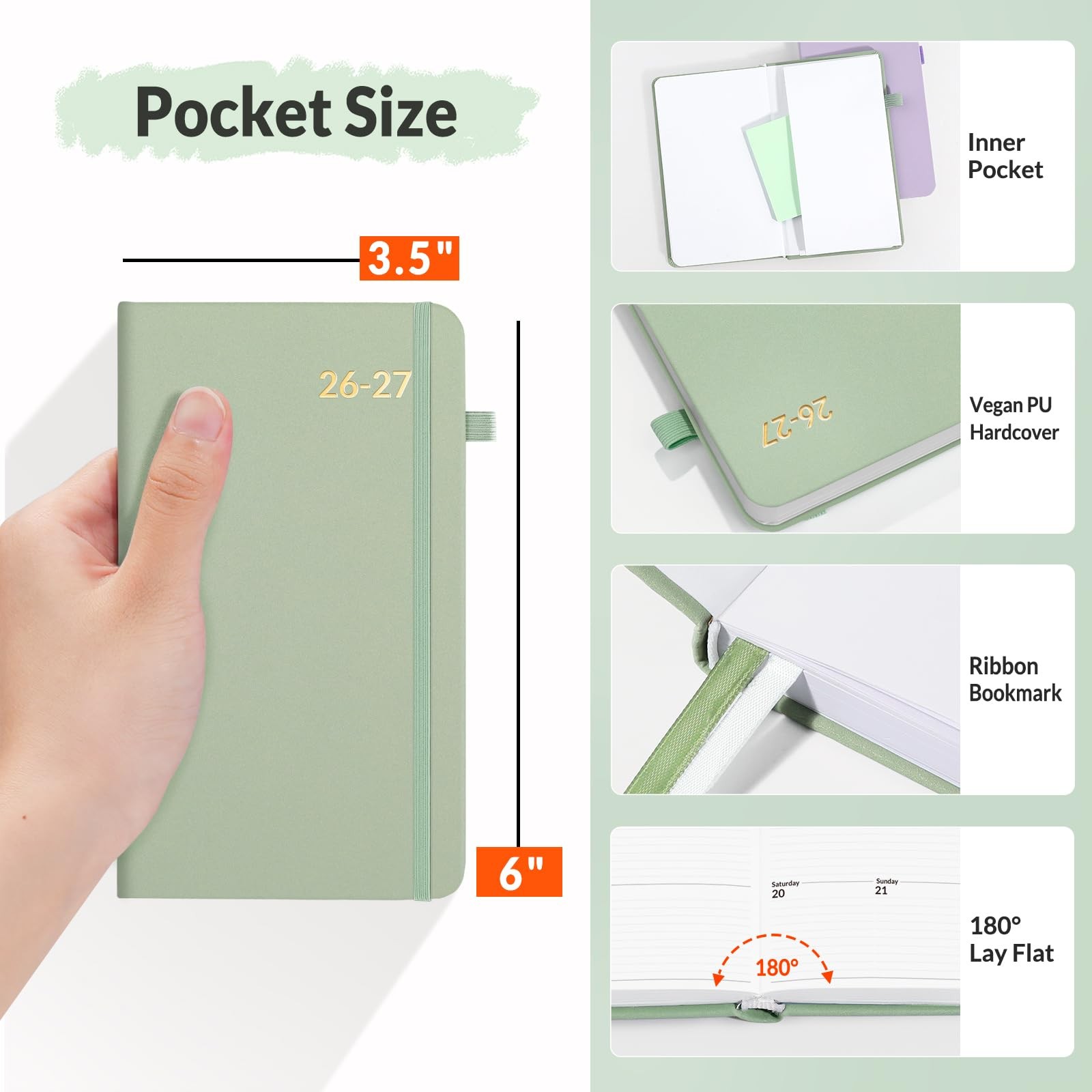 Pocket Weekly Planner 20262027 3.5×6 Inch 12 Month Academic Calendar Hardcover