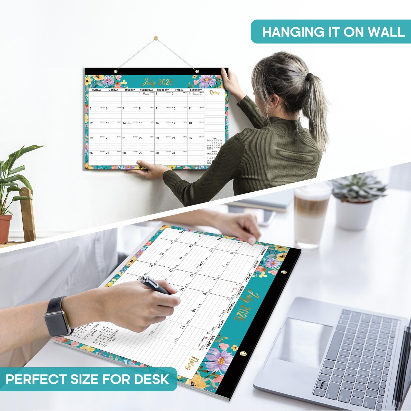 Desk Calendar 2026-2027, 18-Month Runs Jul 2026 – Dec 2027, a-Floral