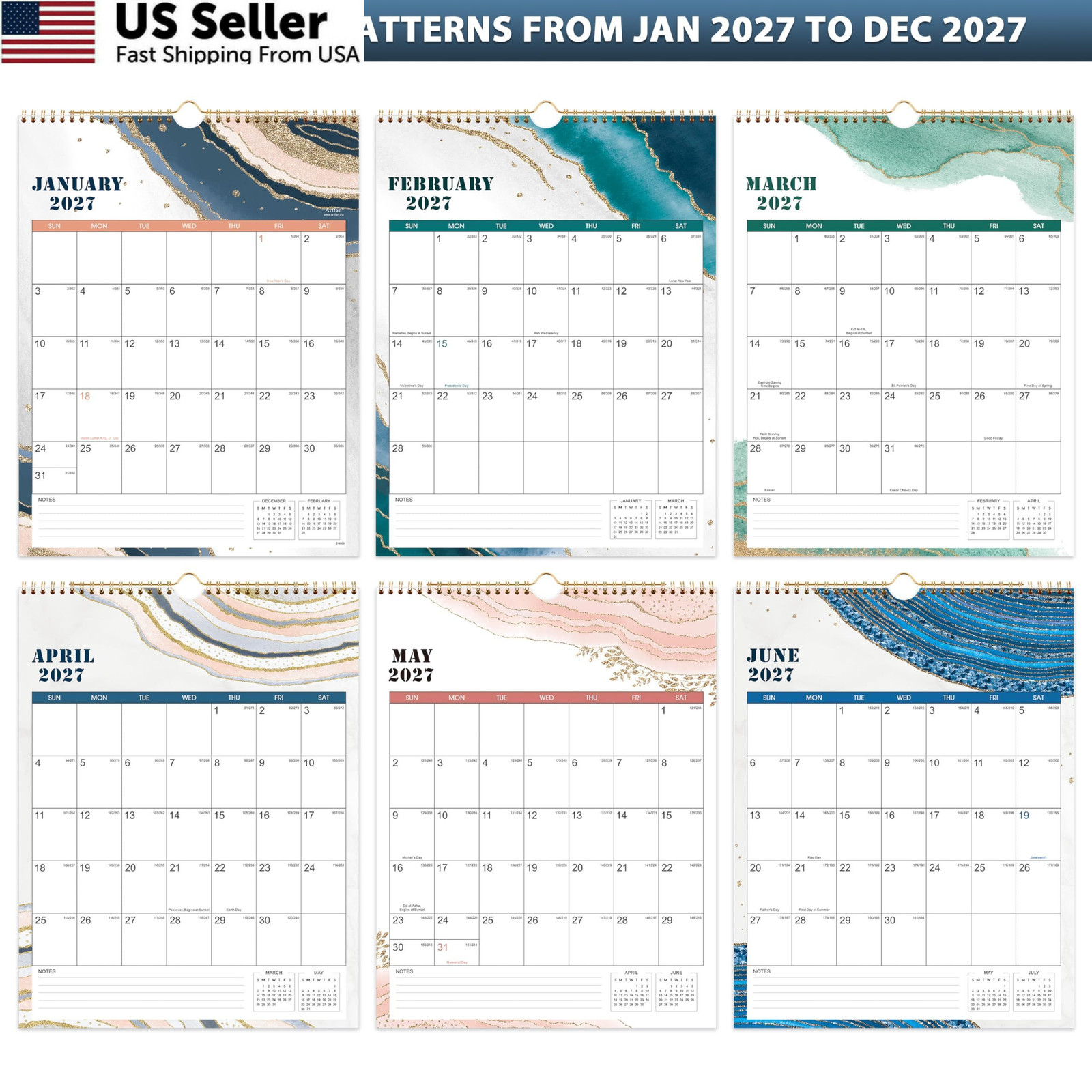 2027 Wall Calendar – JAN 2027 – DEC 2027, 12 Monthly Calendar, 2027 Pink