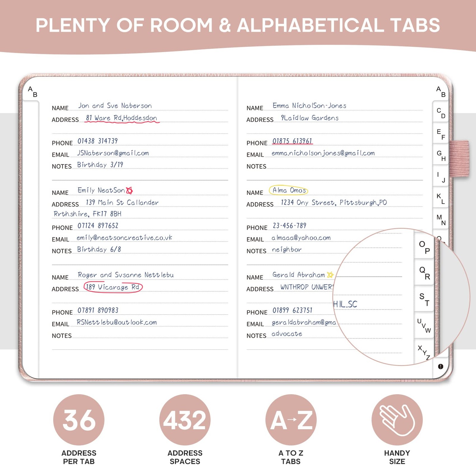 Taja Address Book with Alphabetical 158 pages, 5.2 x 6.8 inches, A- Rose Gold