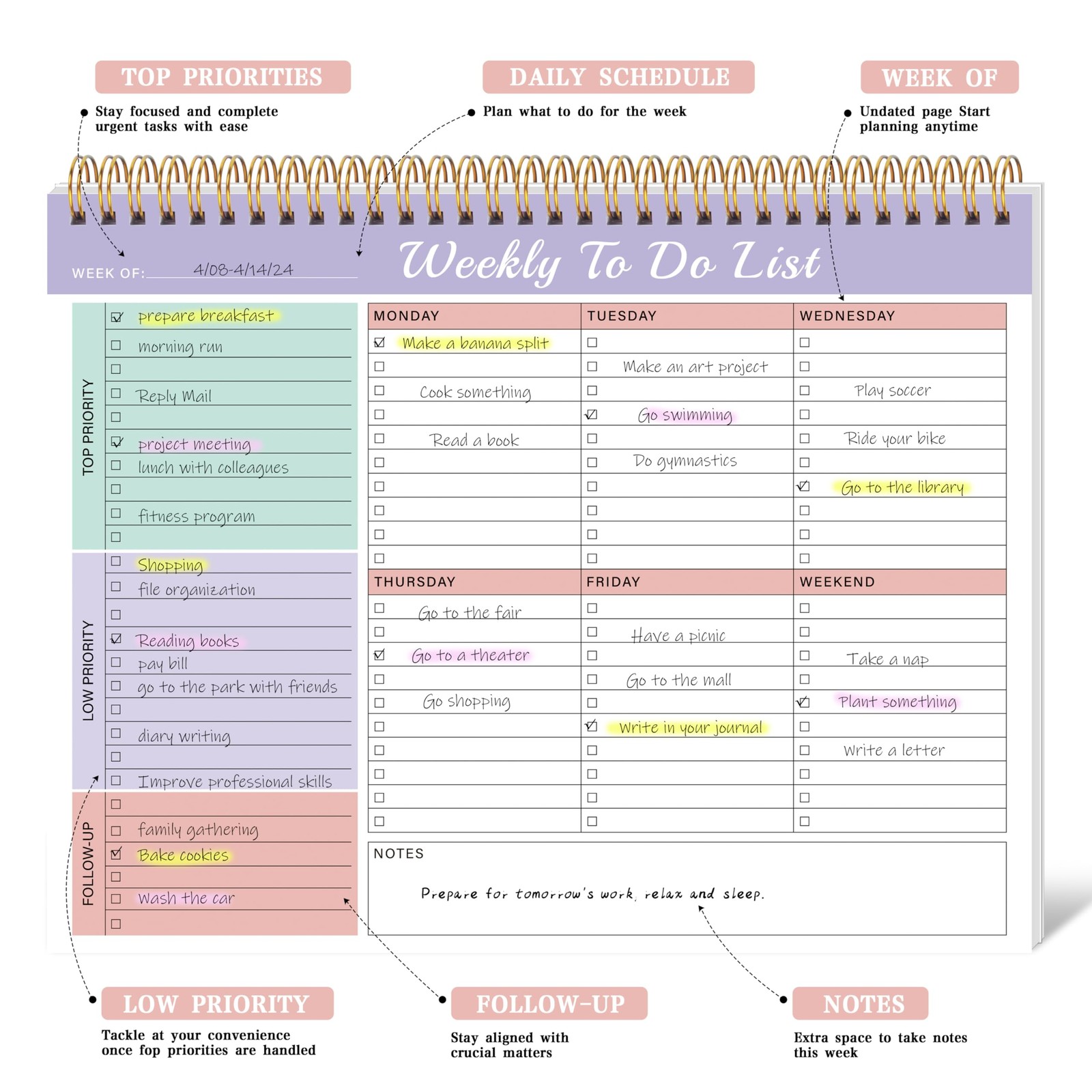 Kamoy Weekly To Do List Notepad with 52 Undated Violet Dream