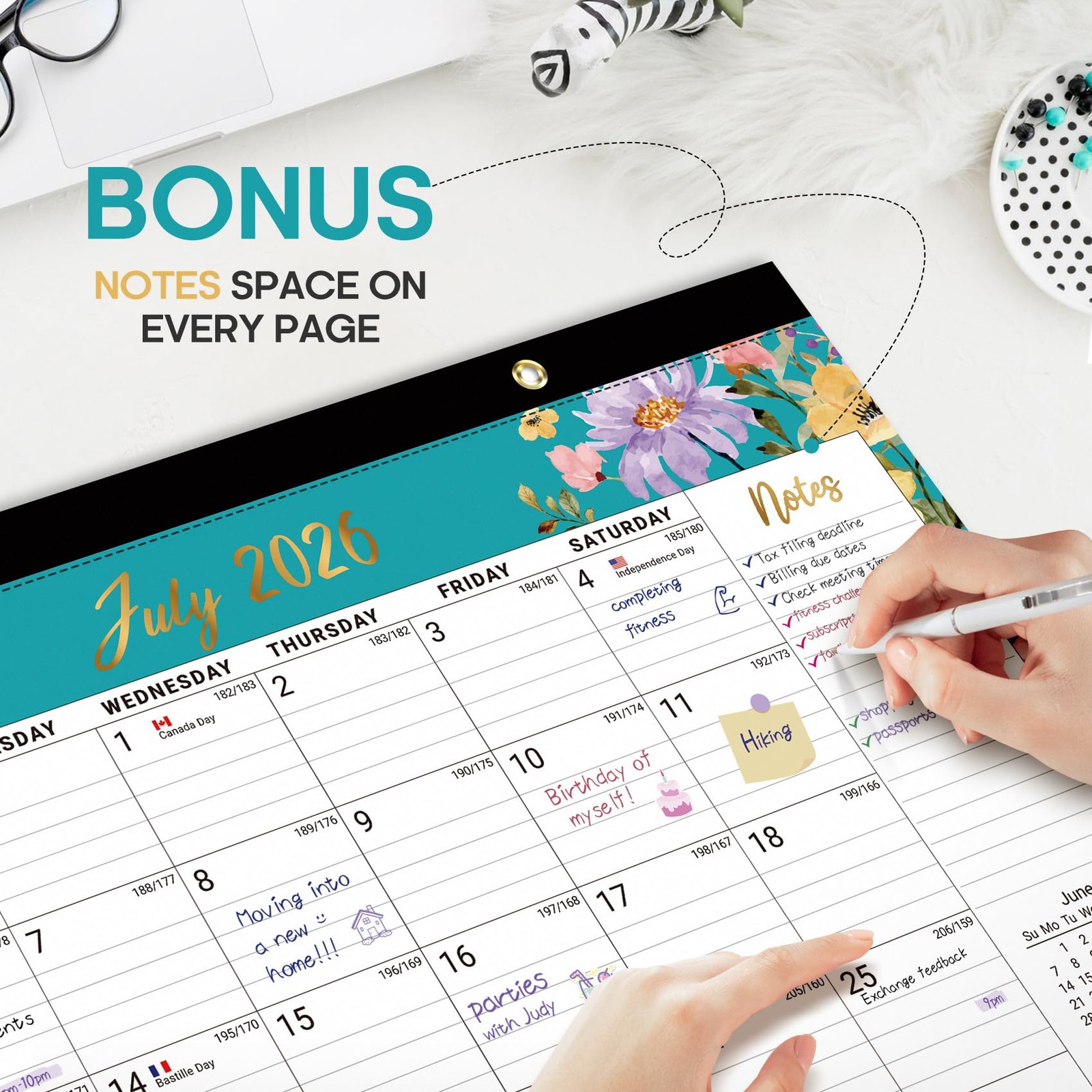 Desk Calendar 2026-2027, 18-Month Runs Jul 2026 – Dec 2027, a-Floral