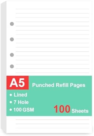 7-Hole Lined Refills Paper, A5 Filler Paper for Planner Inserts, A5 Loose Leaf P