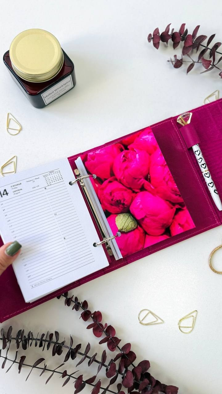 Pink leather notebook cover A7 binde rings mini wallet. Dated planner gift.