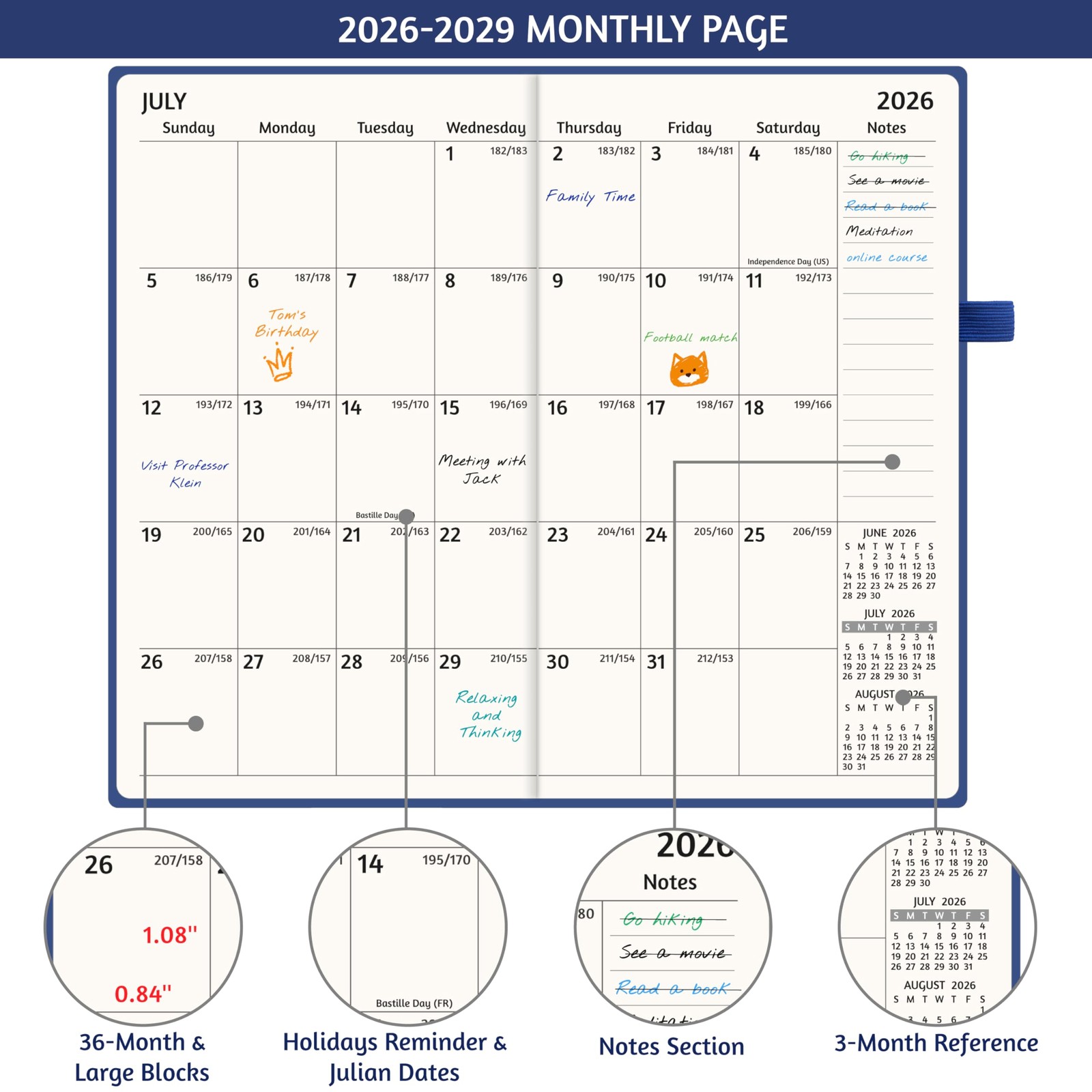 2026-2029 Pocket Monthly Planner, 3 Year Calendar 2026-2029, A6, Blue 26-29