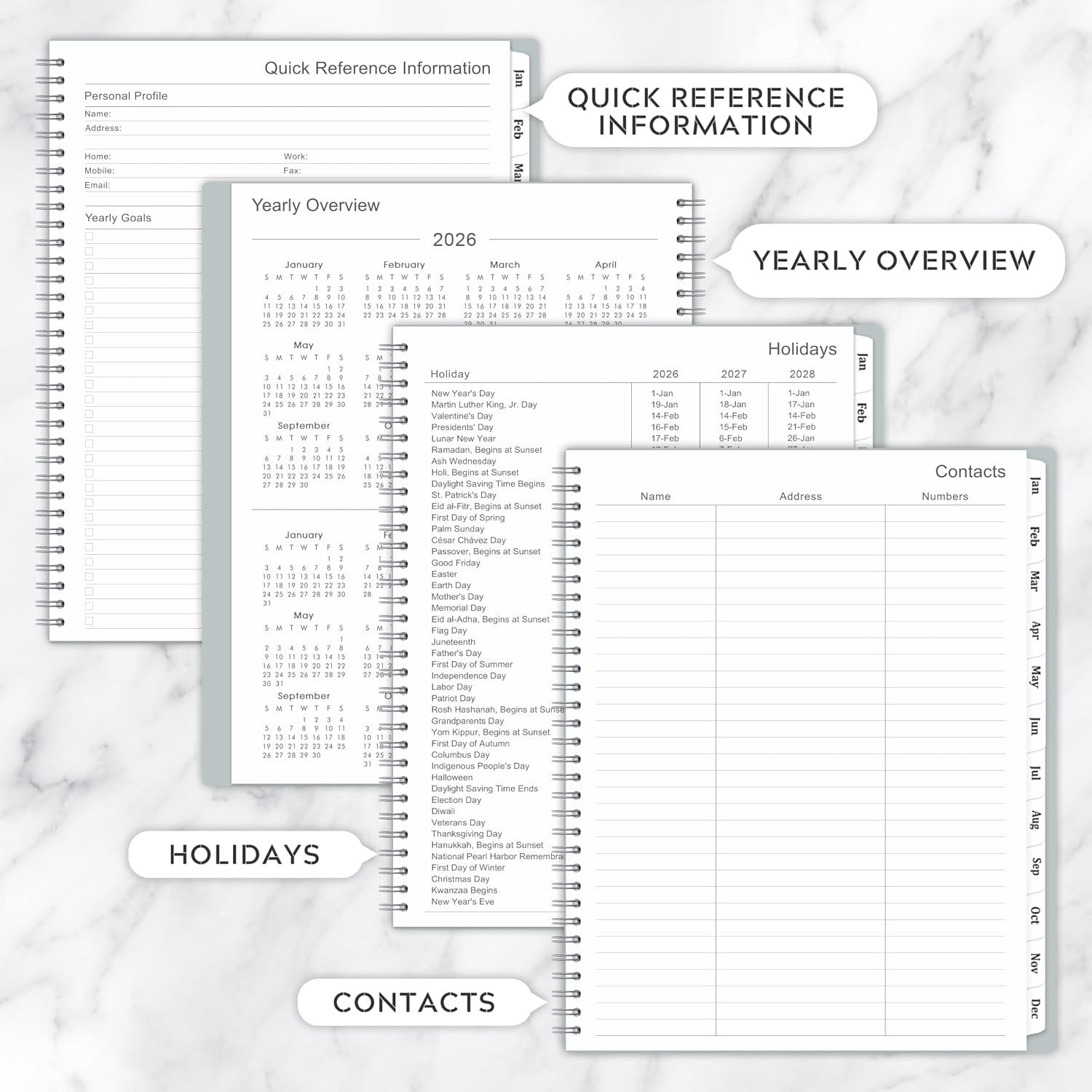 Comprehensive 2026 Planner – Gray, 9″ x 11″ with Easy Access Tabs & Pocket