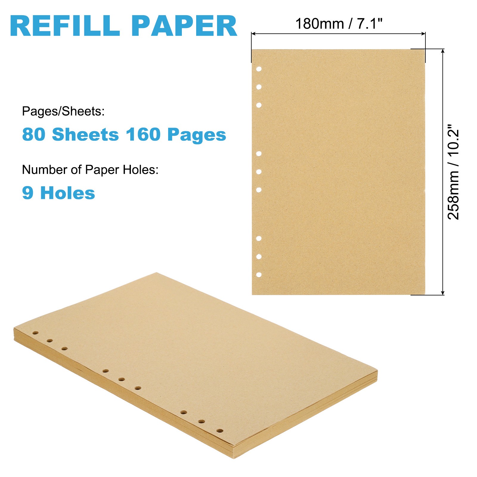 Refill Paper, Unlined Blank Kraft Paper 9 Ring Binder, 80 Sheets/160 Pages
