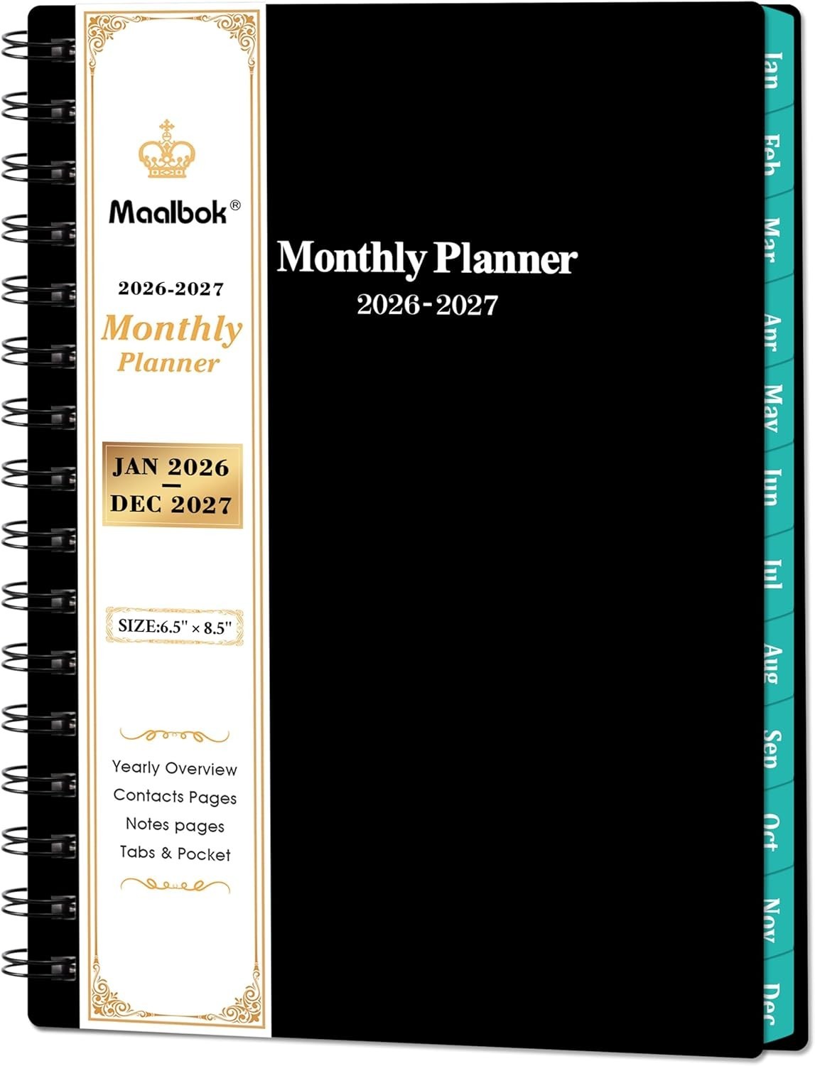 Classic Black 2026-2027 Monthly Planner – 2 Agenda with Twin-Wire Binding