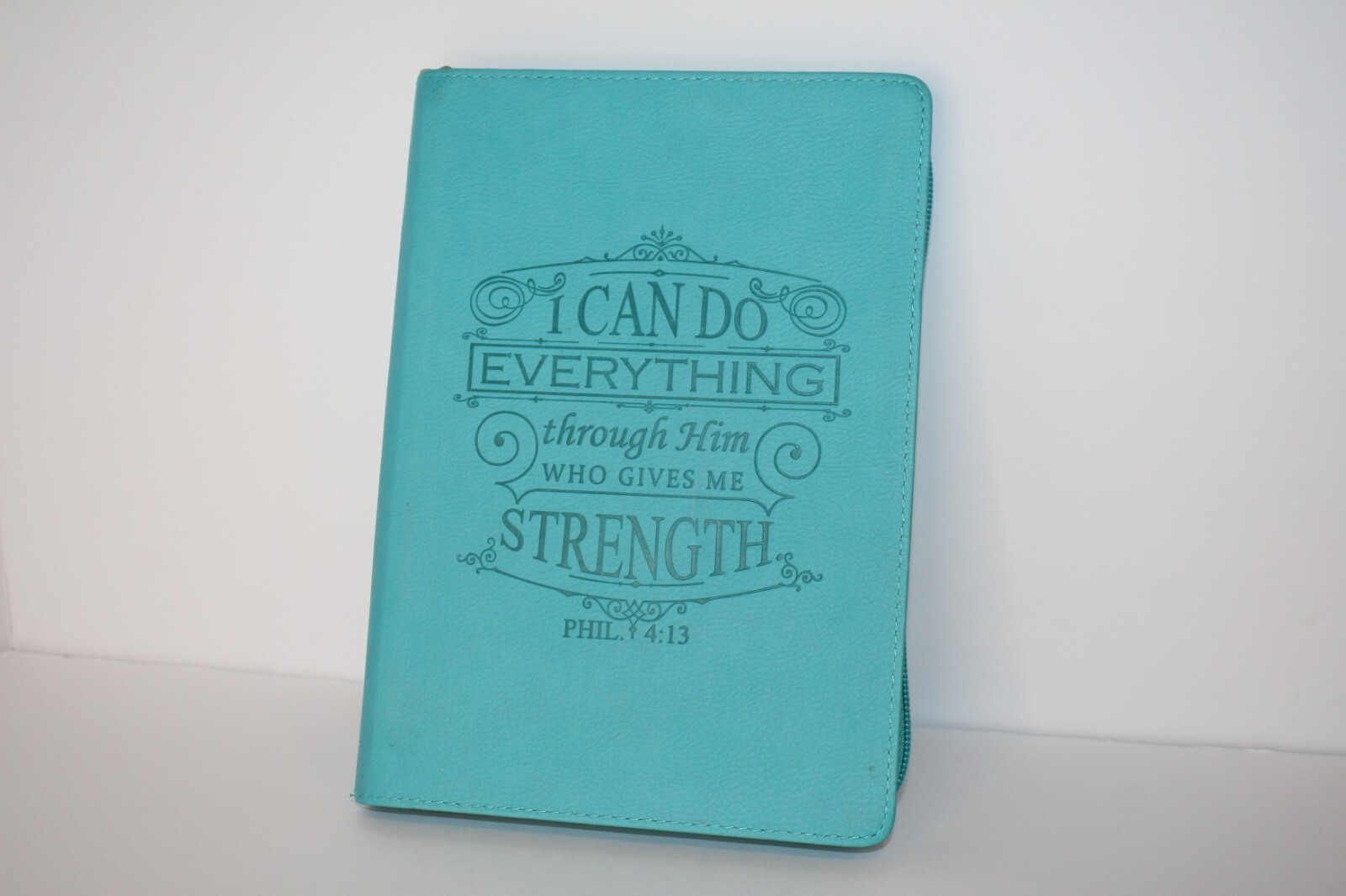 I Can Do Everything Philippians 4:13 Bible Verse Teal Leather Zip Journal