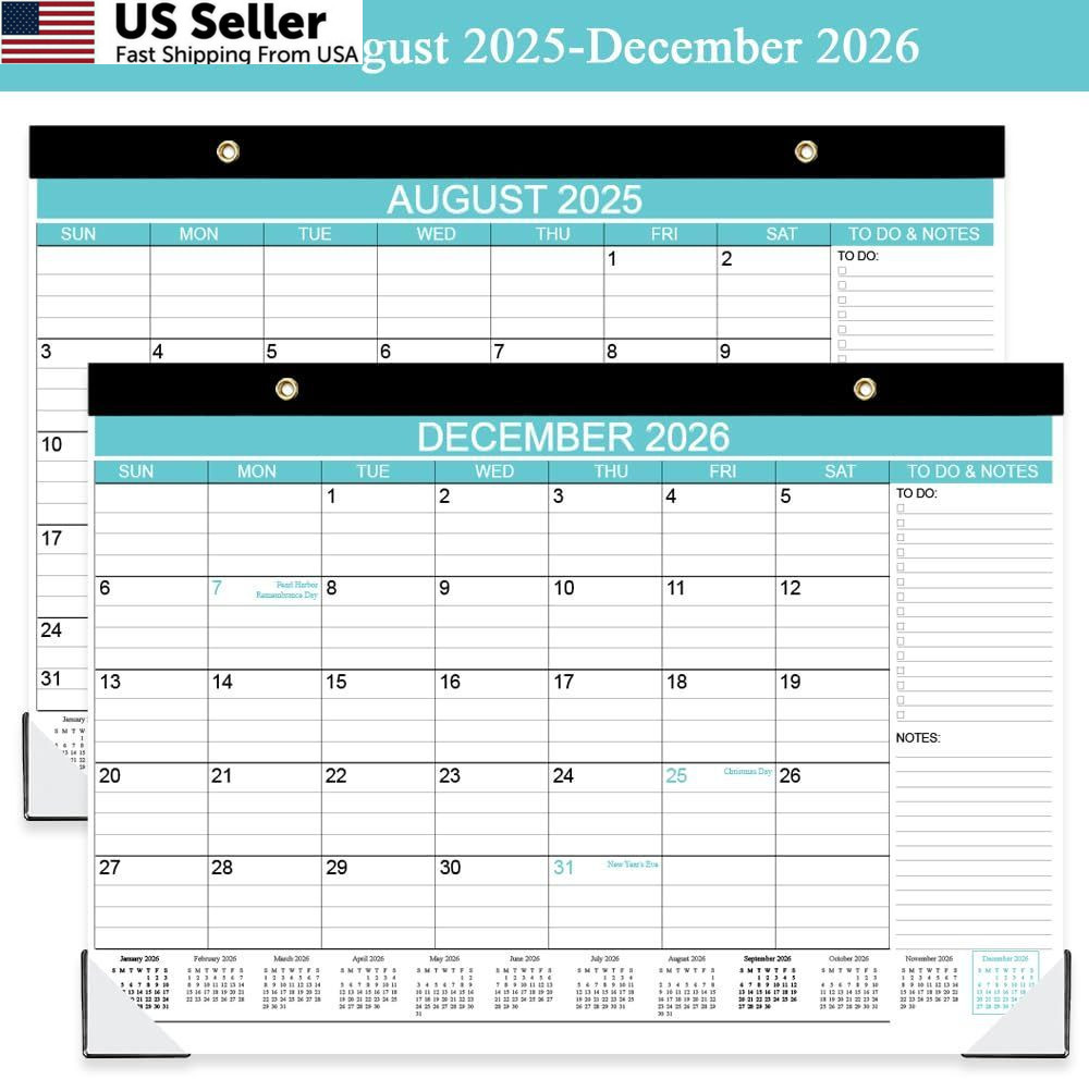 Desk Calendar 2025-2026, Runs Aug 2025 to December 2026, 17″ x 12″, Teal