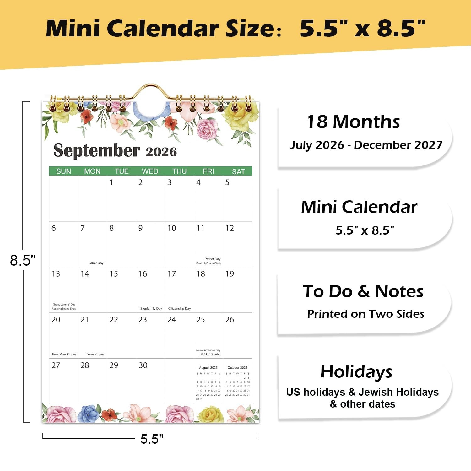 Mini Calendar 2026-2027, 18 Month Small Wall Calendar from July 2026 to Decem…