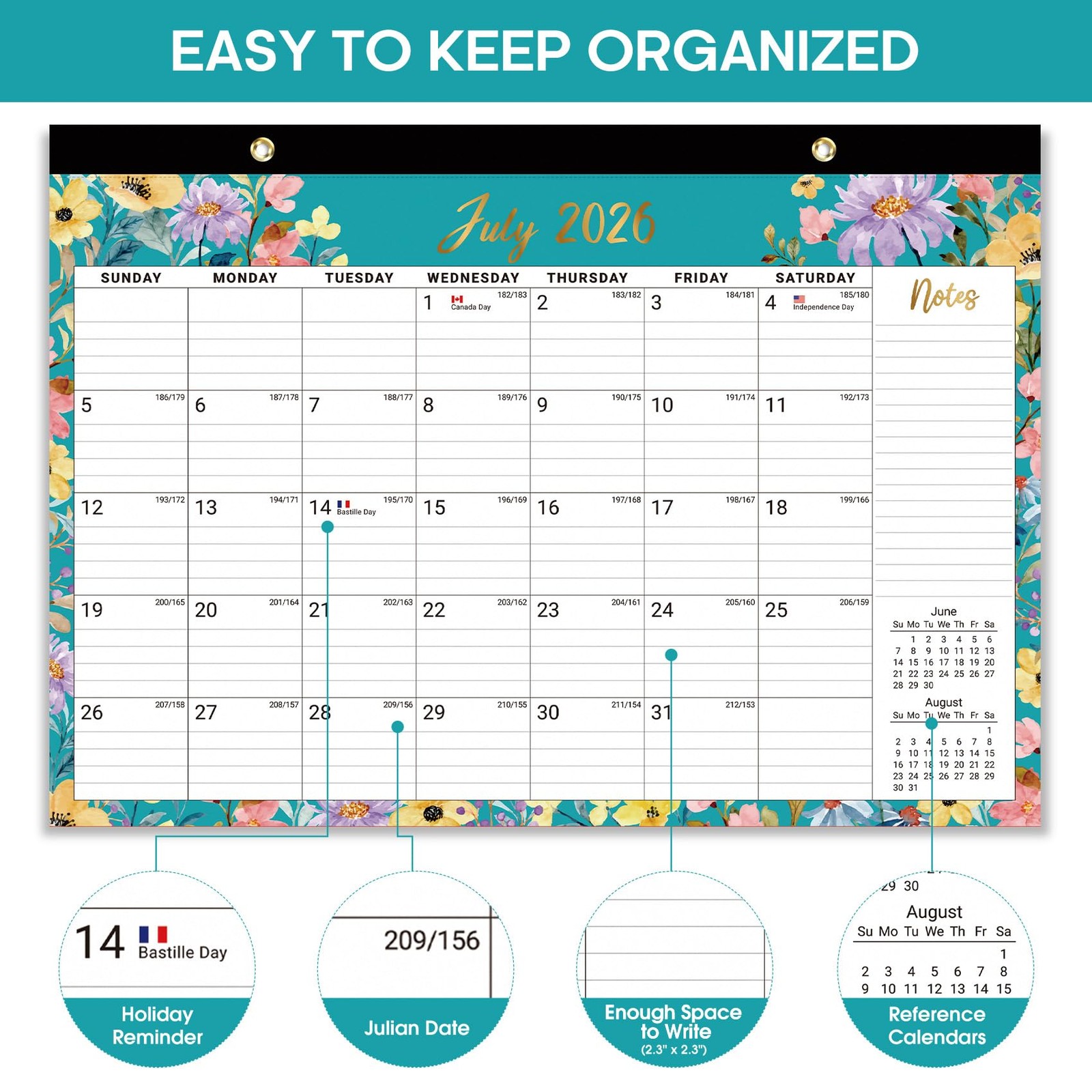 Desk Calendar 2026-2027, 18-Month Runs Jul 2026 – Dec 2027, a-Floral