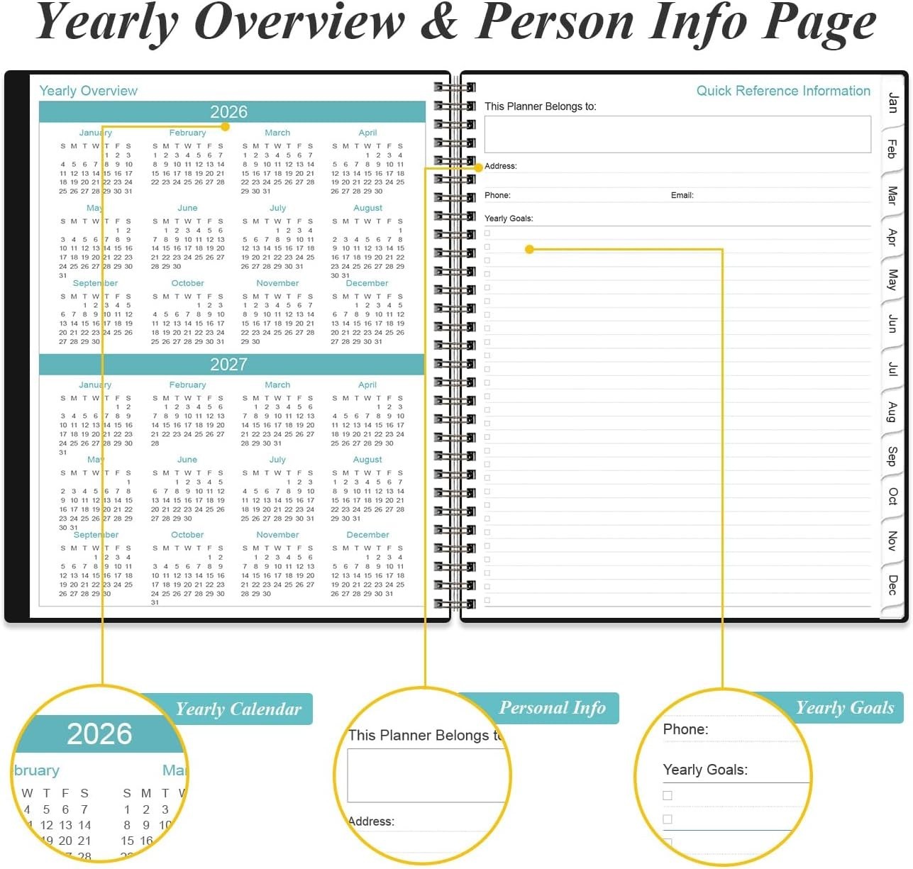 Productive 2026-2027 Planner with Holiday Reminders & Contact Lists, 6.4″x8.5″