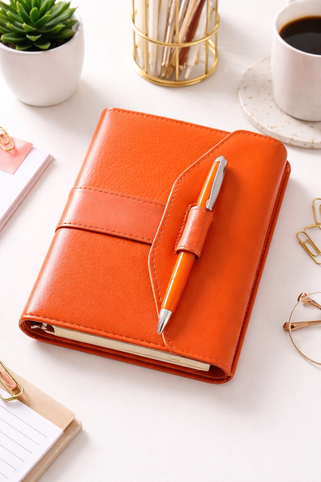 VTG Orange Pocket Planner Organizer 6 Ring Binder Faux Leather Pen Wallet Style