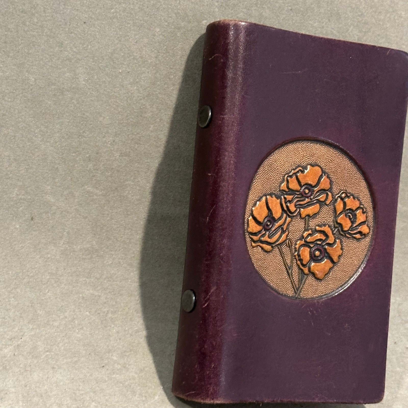 Vintage Tooled Leather Pocket Address Book Purple Poppy Floral Hand Crafted 5.5″