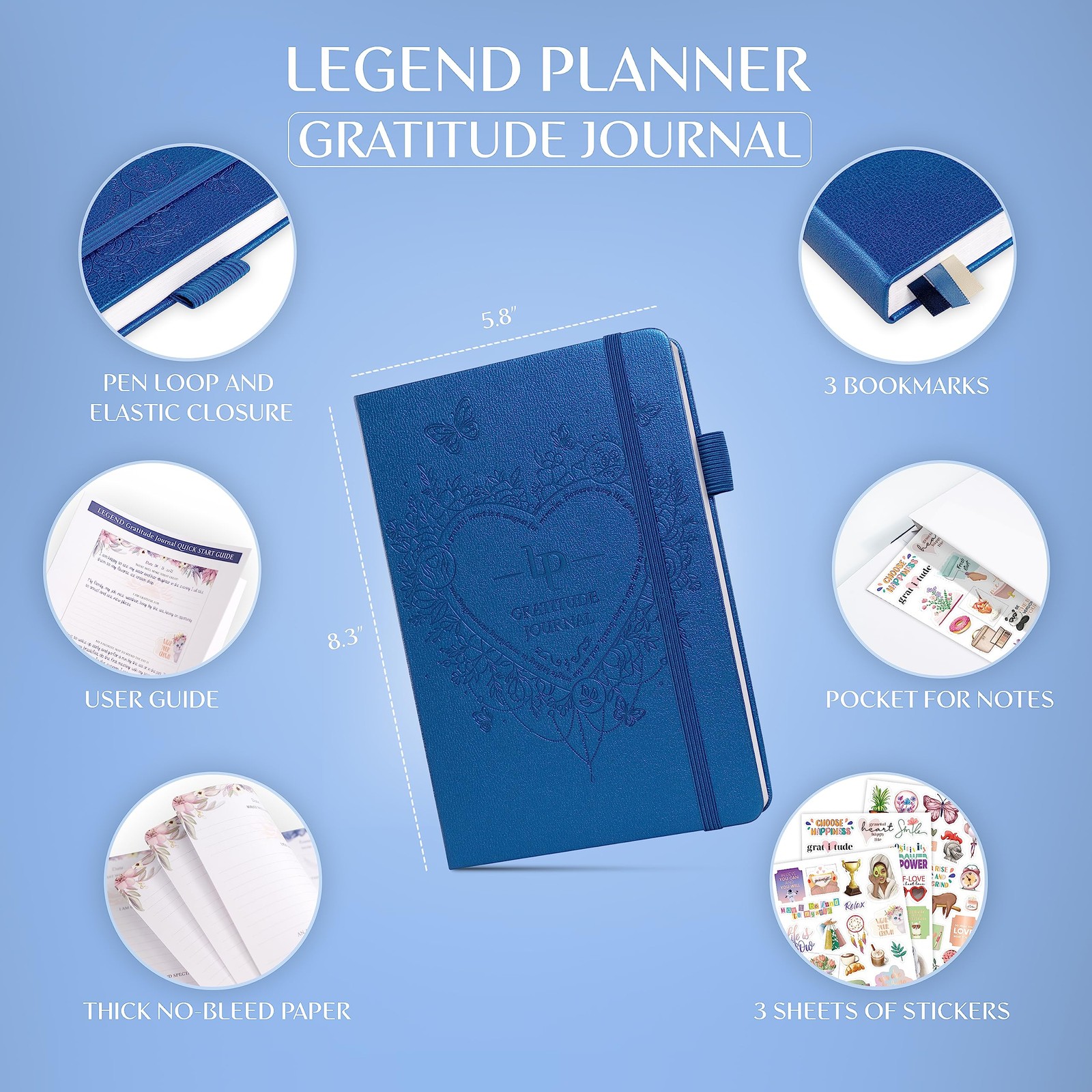 Legend Gratitude Journal – Guided A5 (5.8” x 8.3”), Mystic Blue debossed