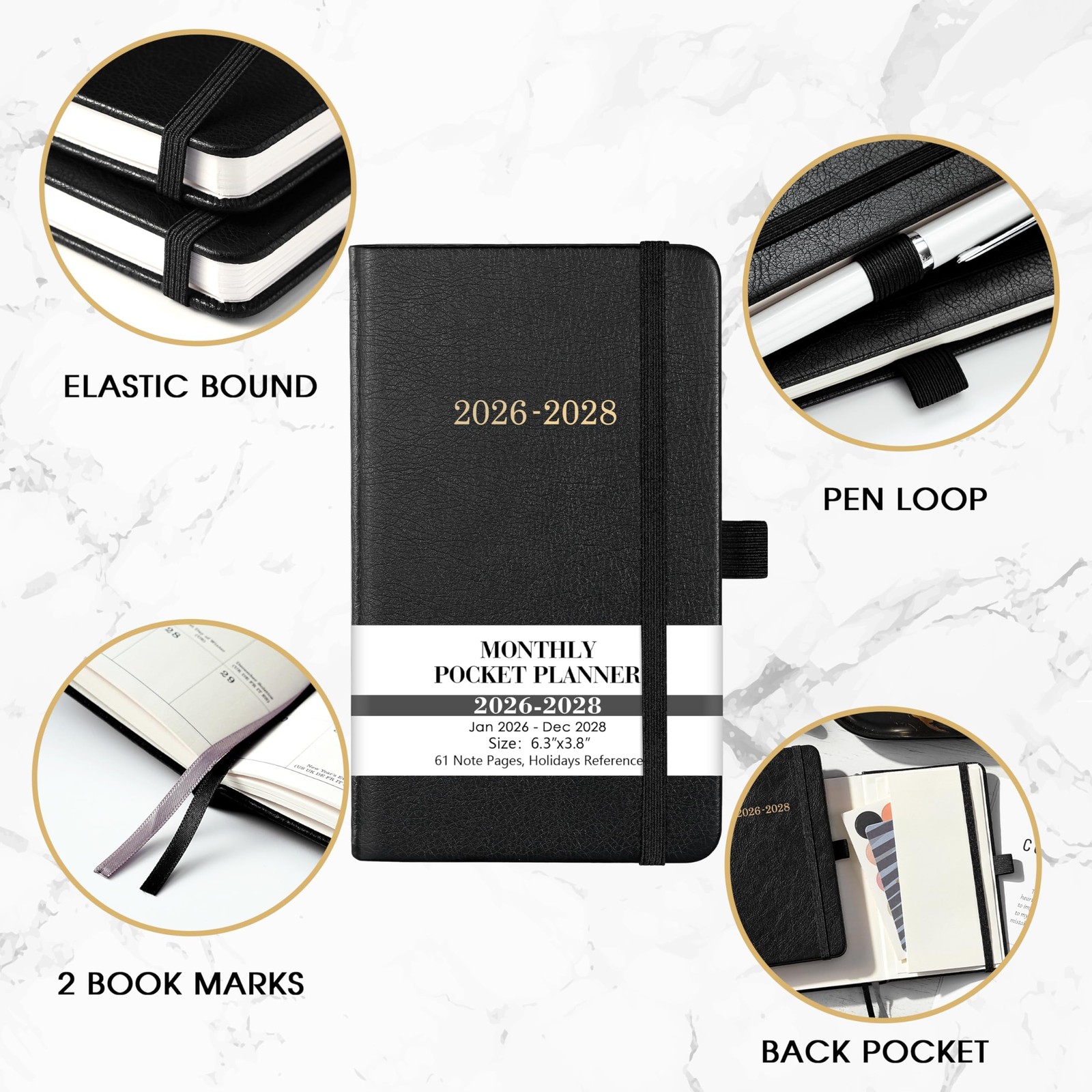 Pocket Planner/Calendar 2026-2028 – 3 Year Monthly Planner 6.3″ × 3.8″, black