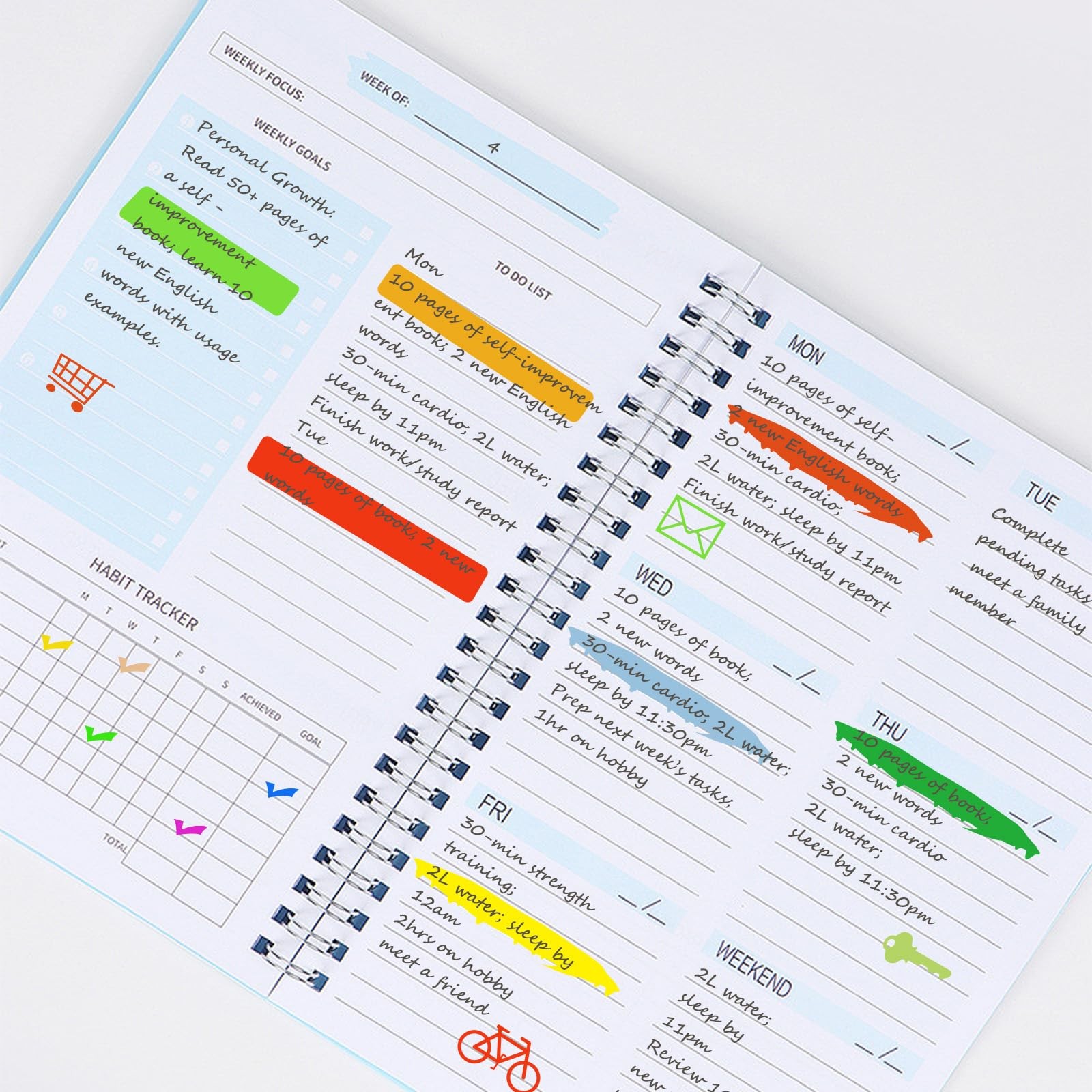 Undated Weekly Planner with Goal & Habit Tracker Notebook, Small Light Blue
