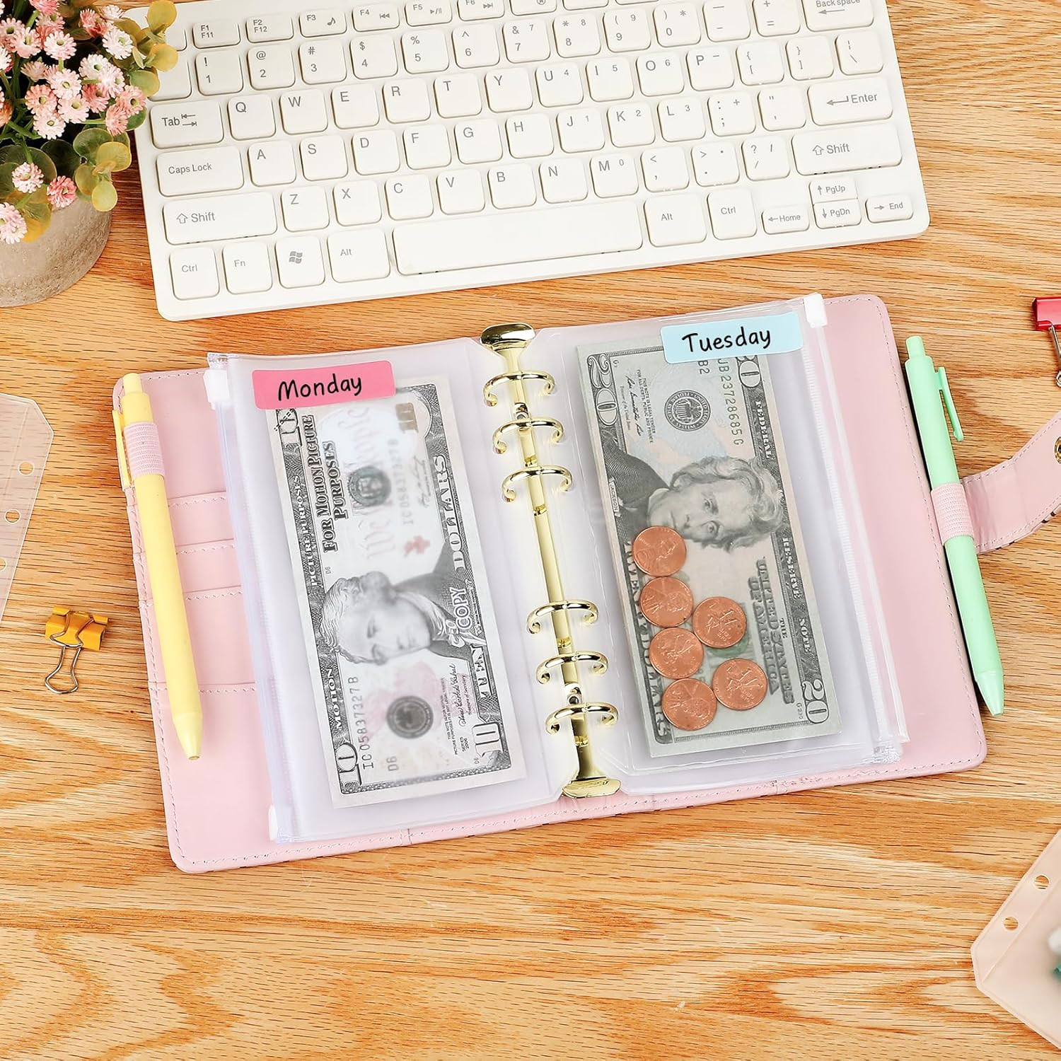 16PCS A6 Binder Pockets 6 Holes Cash Envelopes for Budgeting, Clear Zipper Pouch