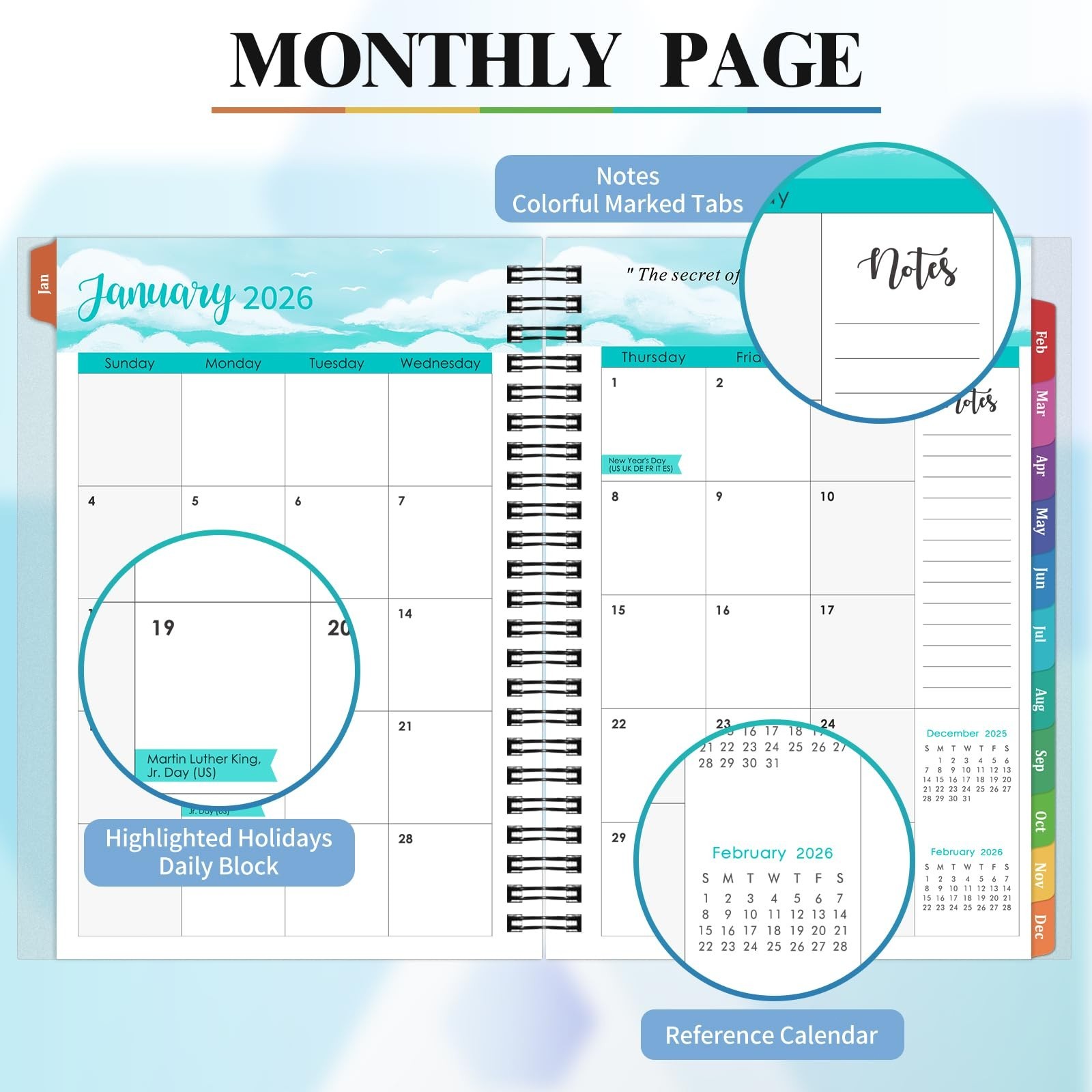 2026 Planner Organizer, Weekly Monthly Layout, 6.4 X 8.5, Tabs, Black