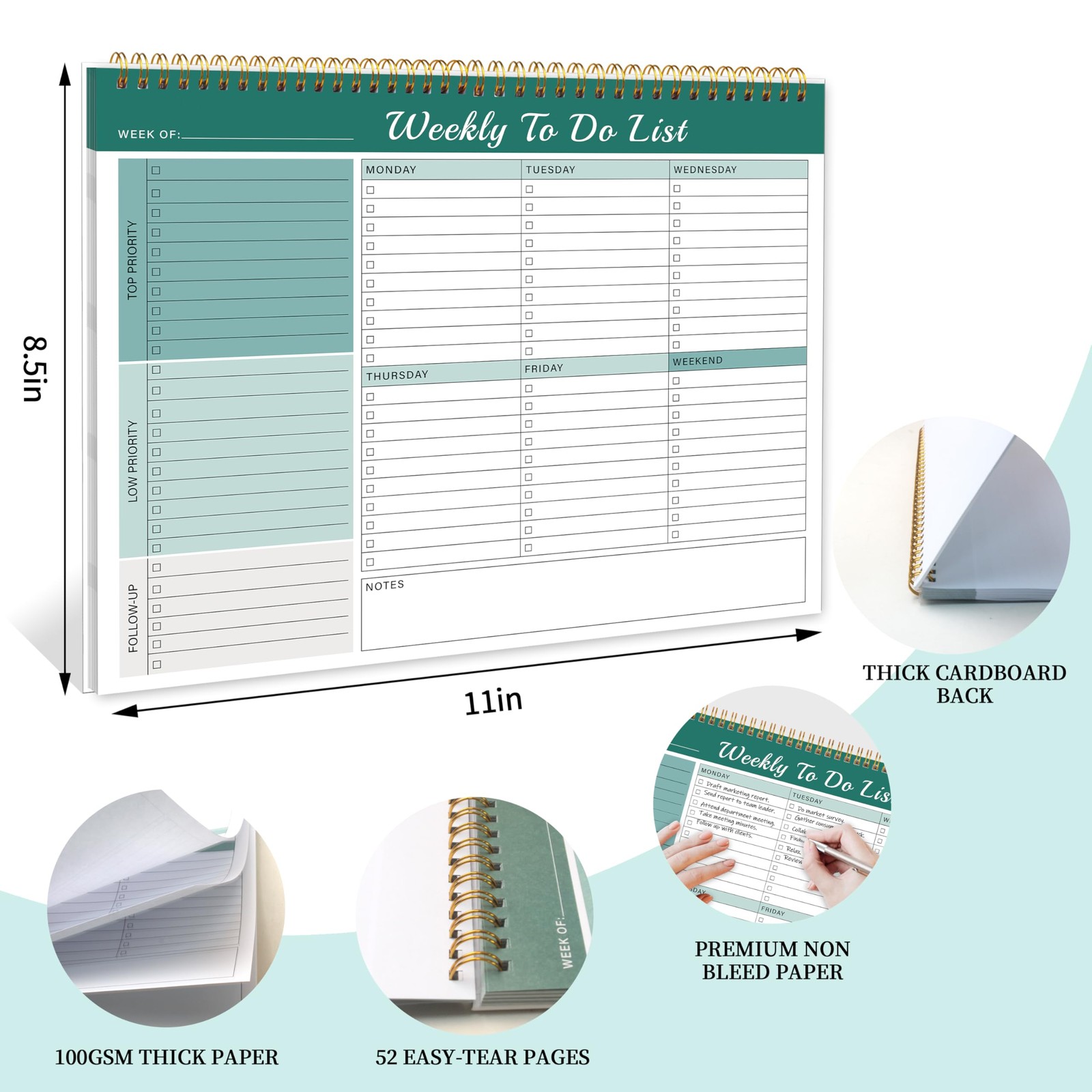 Kamoy Weekly To Do List Notepad with 52 Undated Sheets（8.5″×11″）- Green
