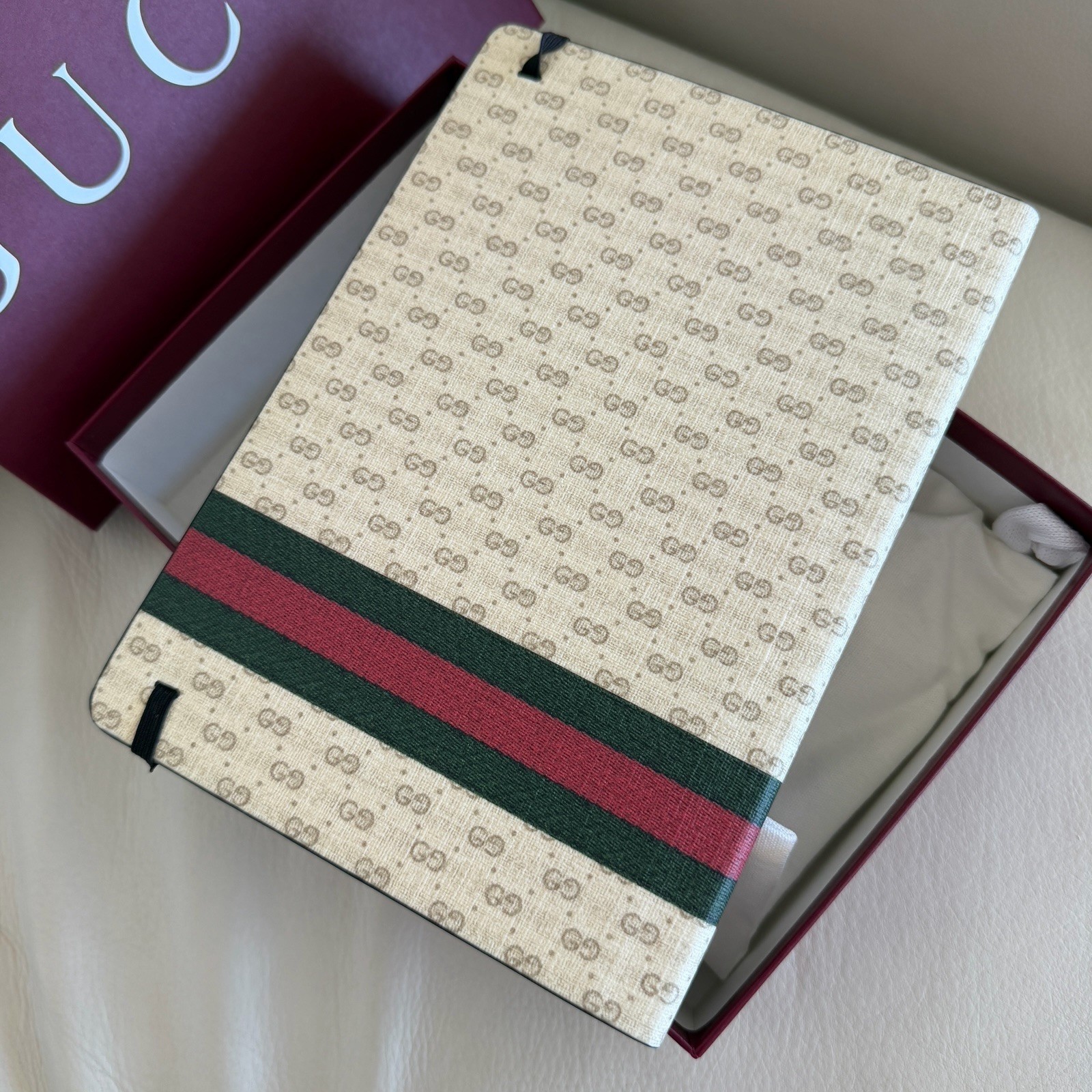 New Large Gucci Notebook with Web and Horsebit in Ivory and Brown mini GG