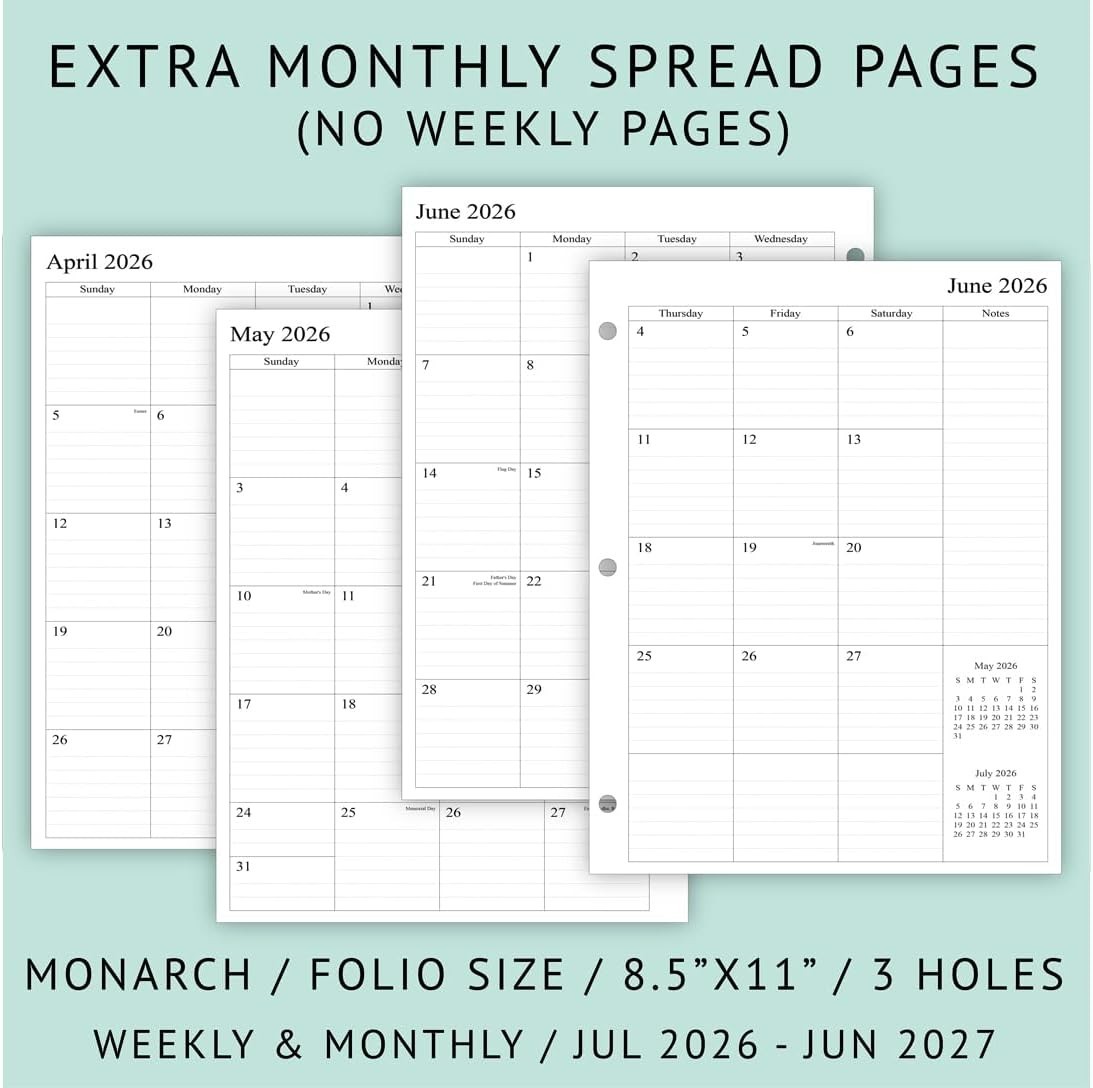 2026-2027 Weekly Planner Refills with Monthly Tabs for 3-Ring Binders – 8.5×11