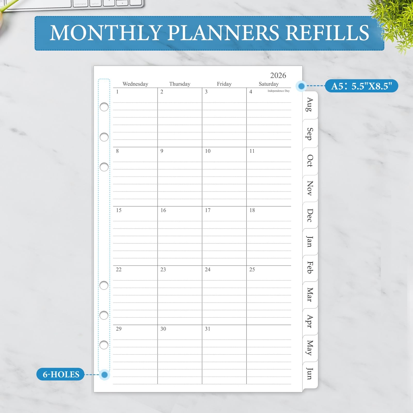 2026-2027 Monthly Planner Refill, A5 Medium Planner Inserts for 6 Holes, 5.5″…