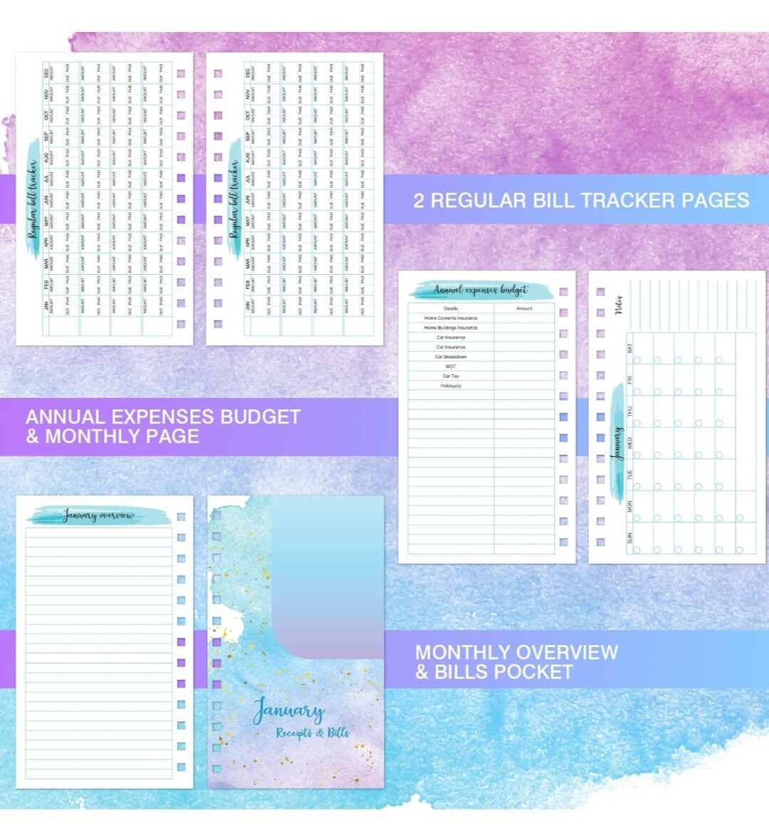 Budget Planner~12 Month Undated Budget Book~Expense Tracker~5.3″x7.6″ Pink/Blue